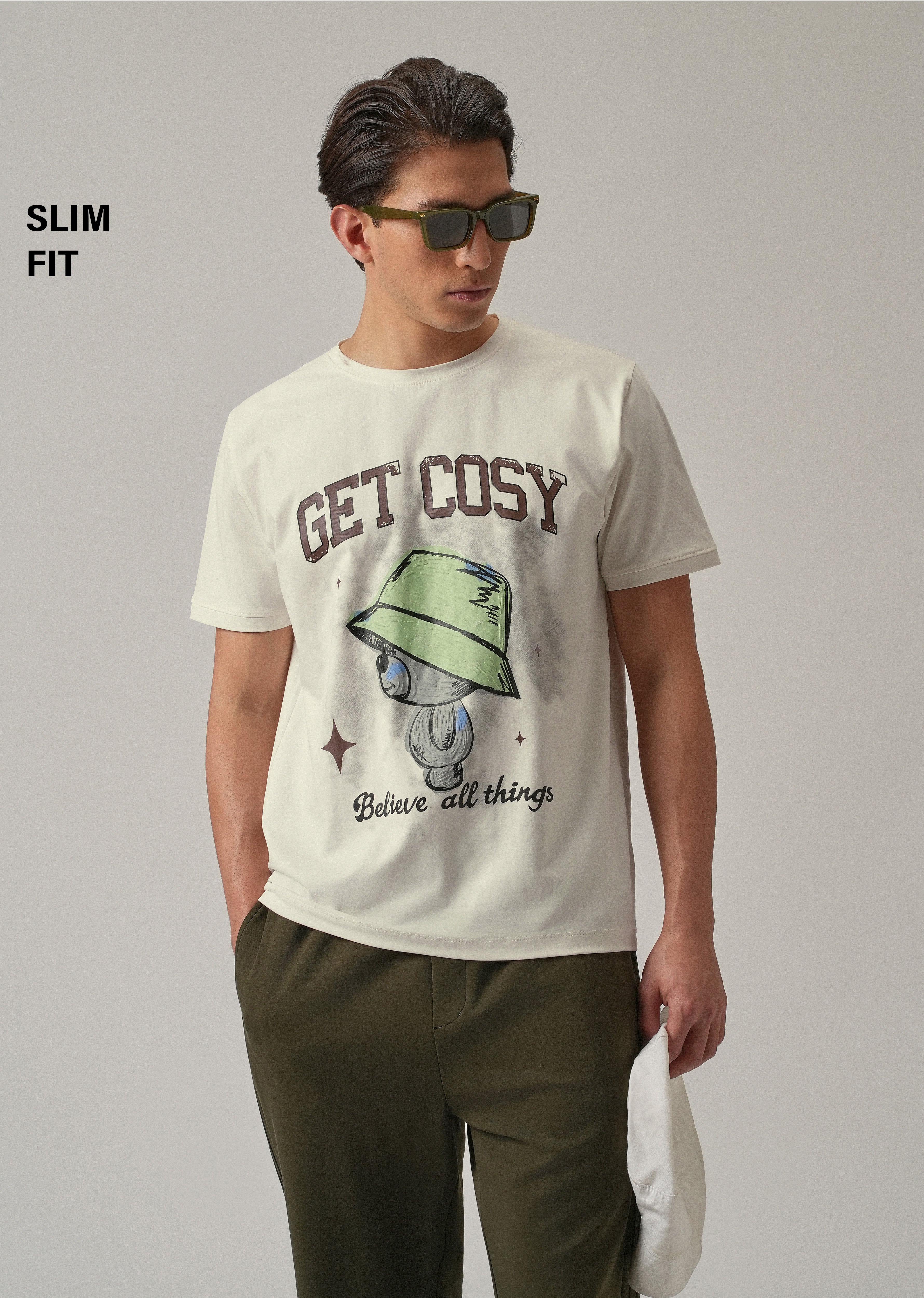 Cream Printed Slim Fit T-Shirt