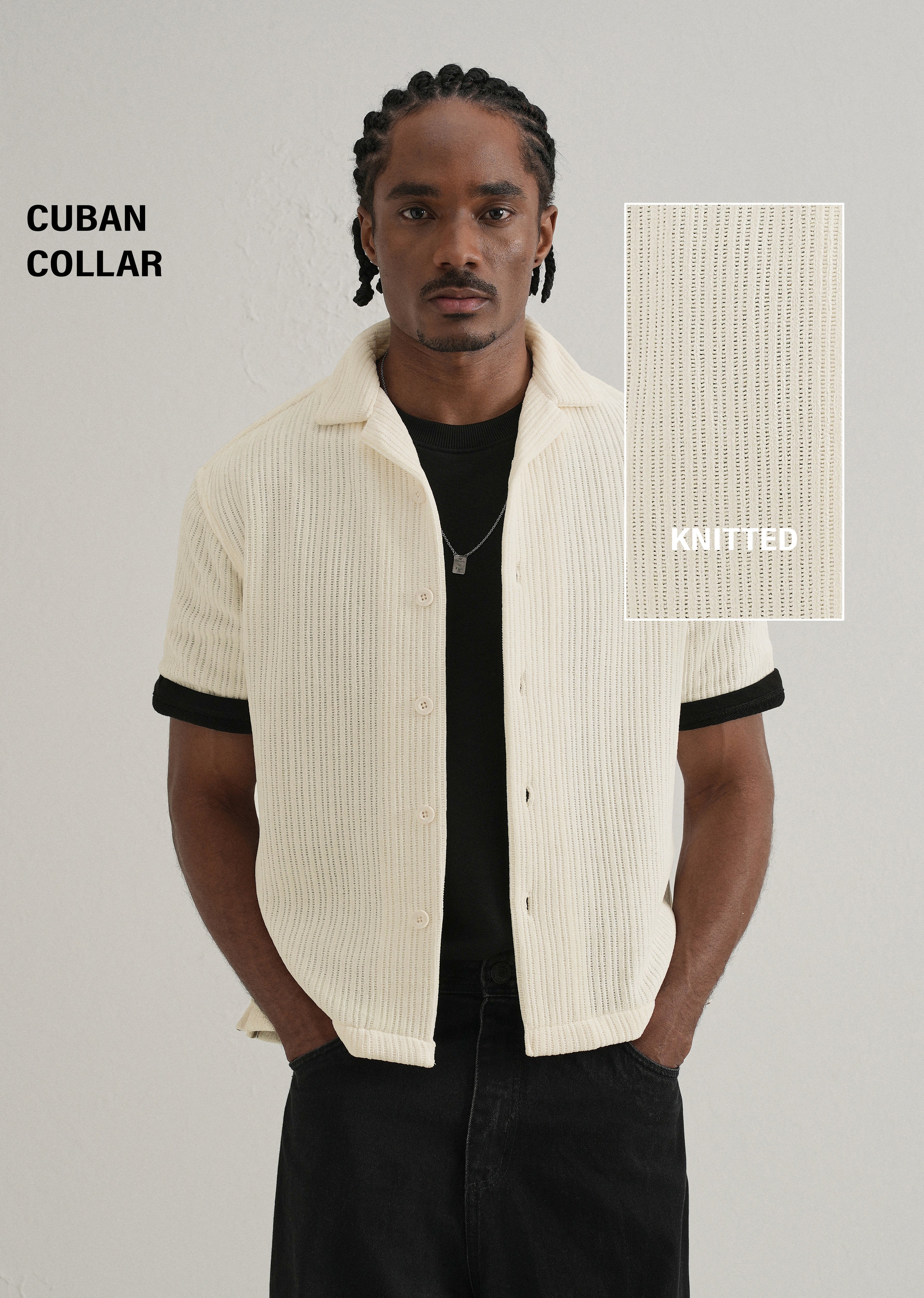 Ivory Suede Knit Cuban Collar Shirt