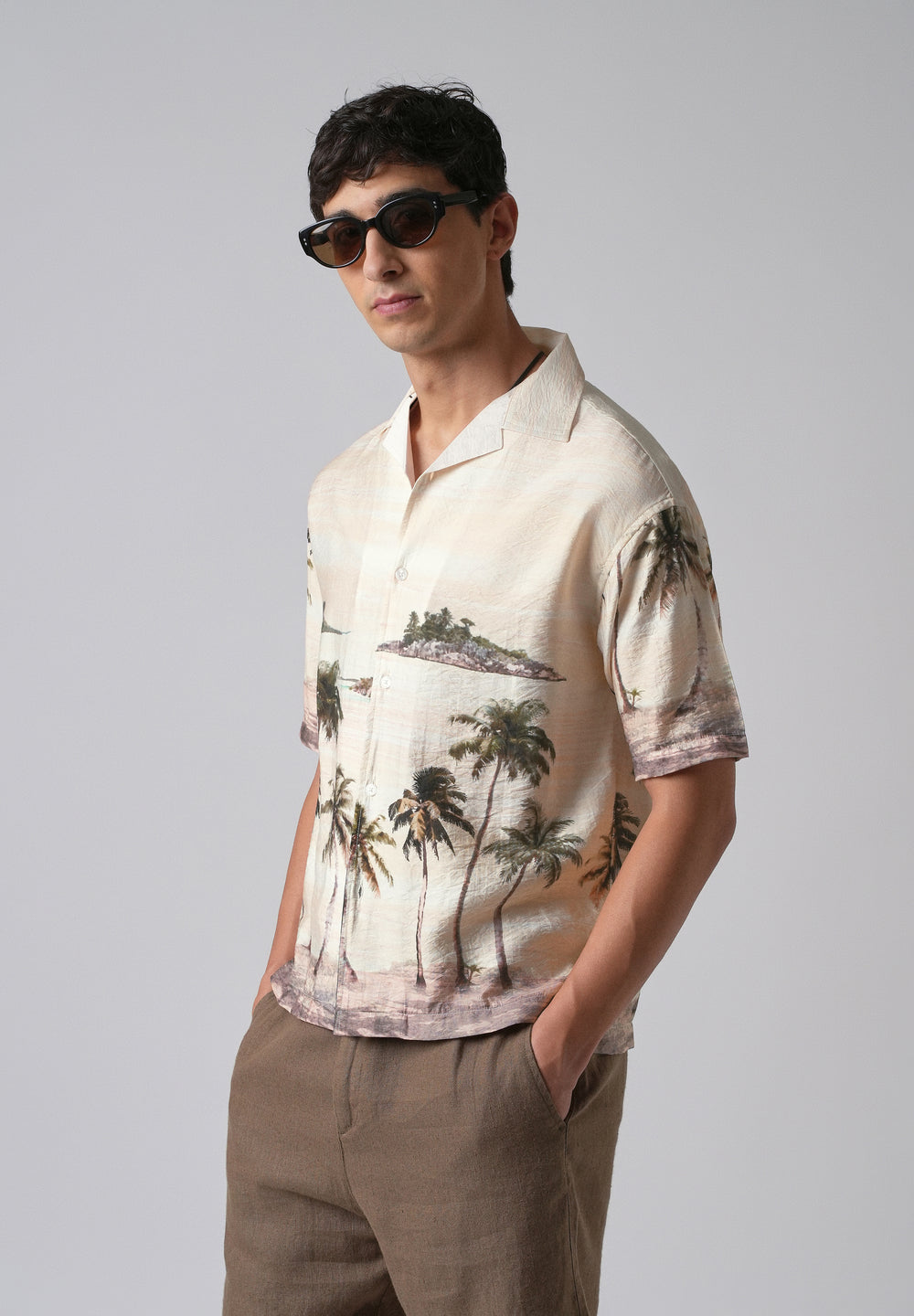 Cream Tropical Palm Print Shirt