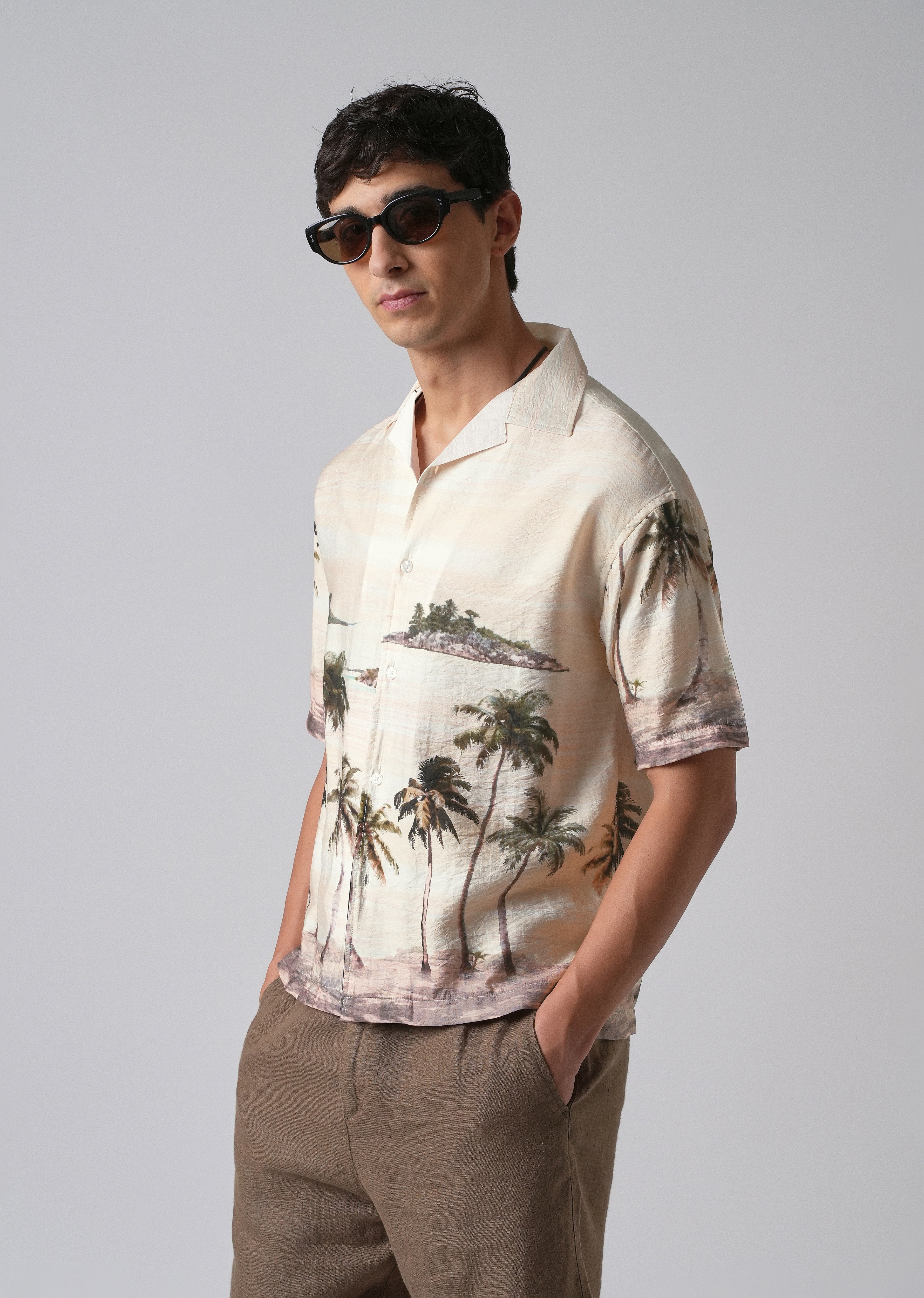 Cream Tropical Palm Print Shirt