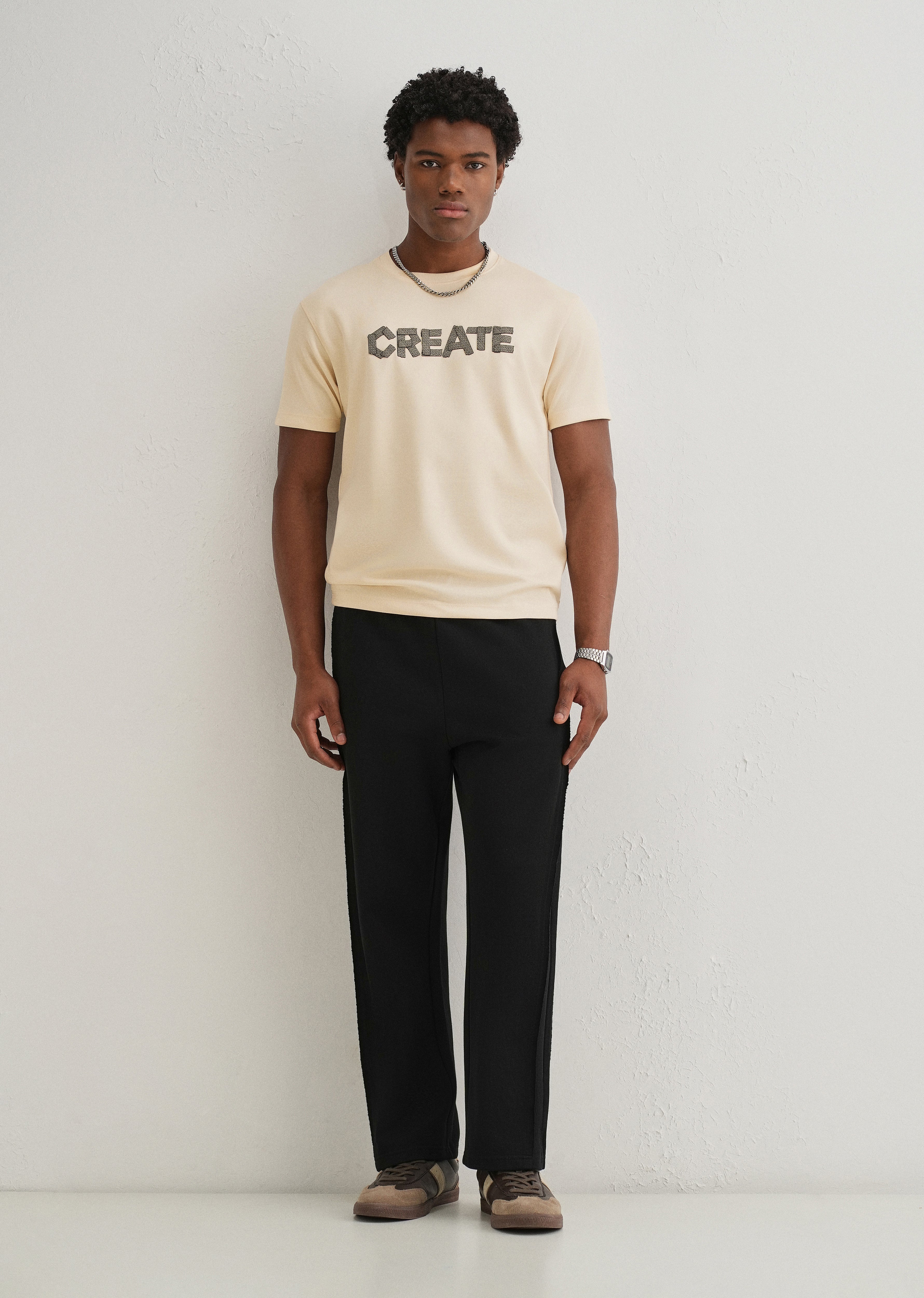 Cream Typography Applique T-shirt
