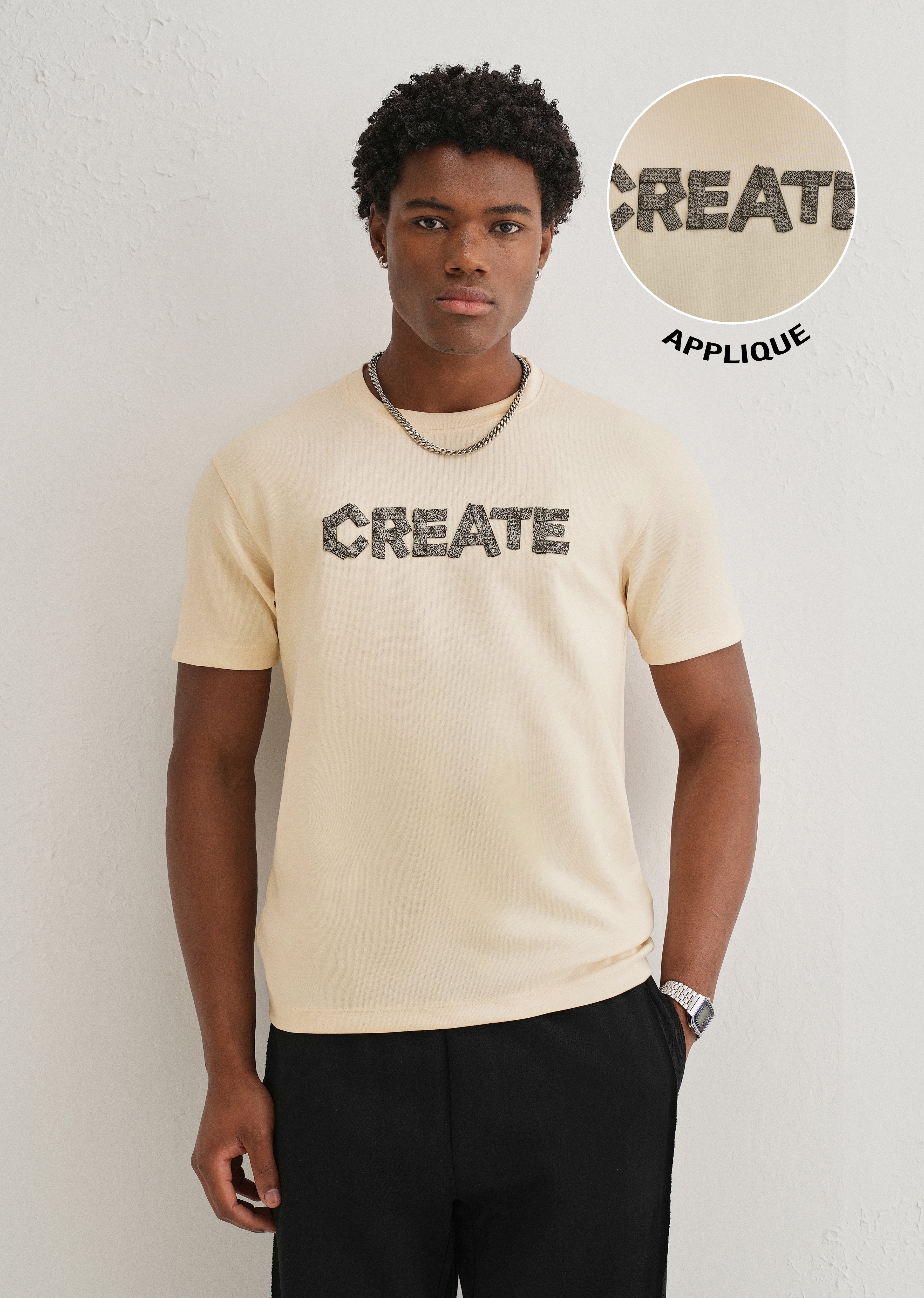 Cream Typography Applique T-shirt