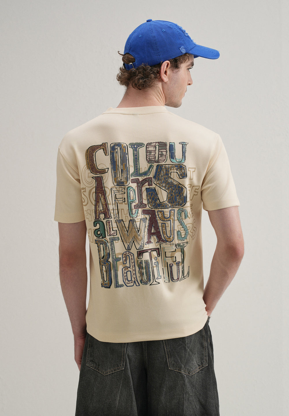 Cream Typography Printed T-shirt