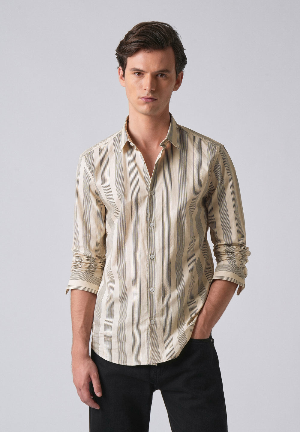 Cream Vertical Pin Stripe Cotton/Linen Shirt