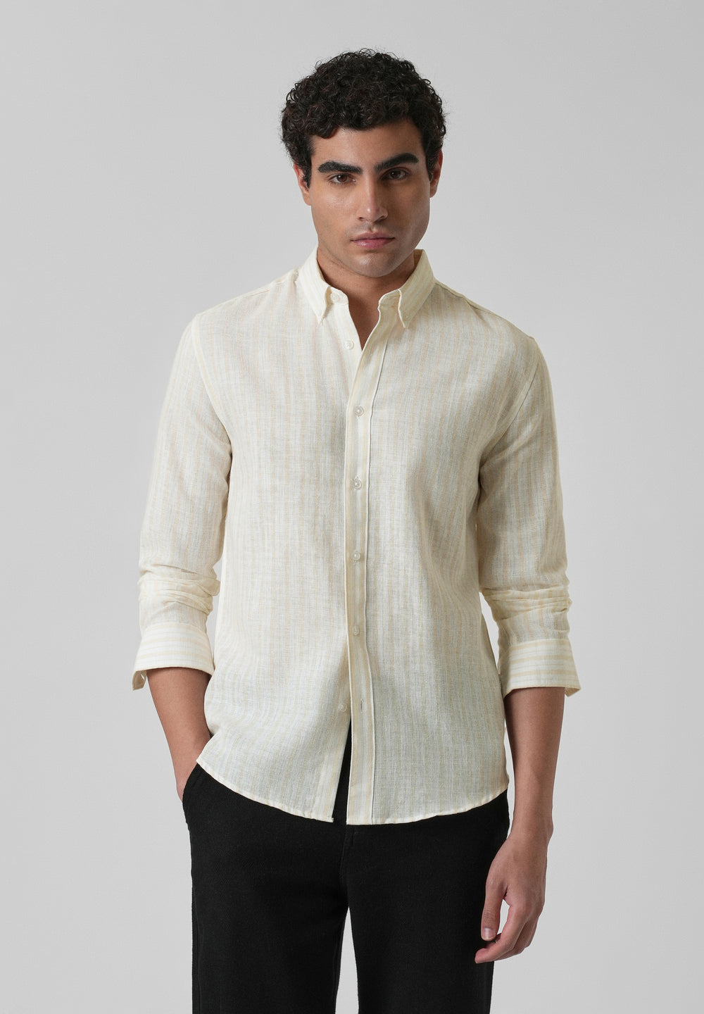 Cream Yellow Linen Stripe Shirt