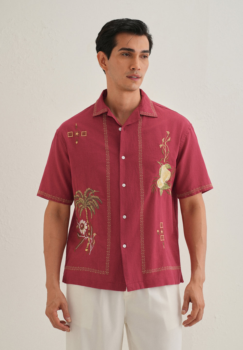 Crimson Red Tropical Embroidered Shirt