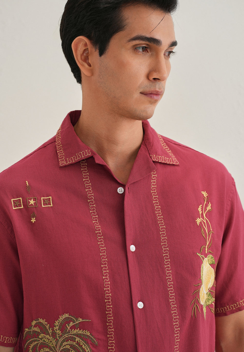 Crimson Red Tropical Embroidered Shirt
