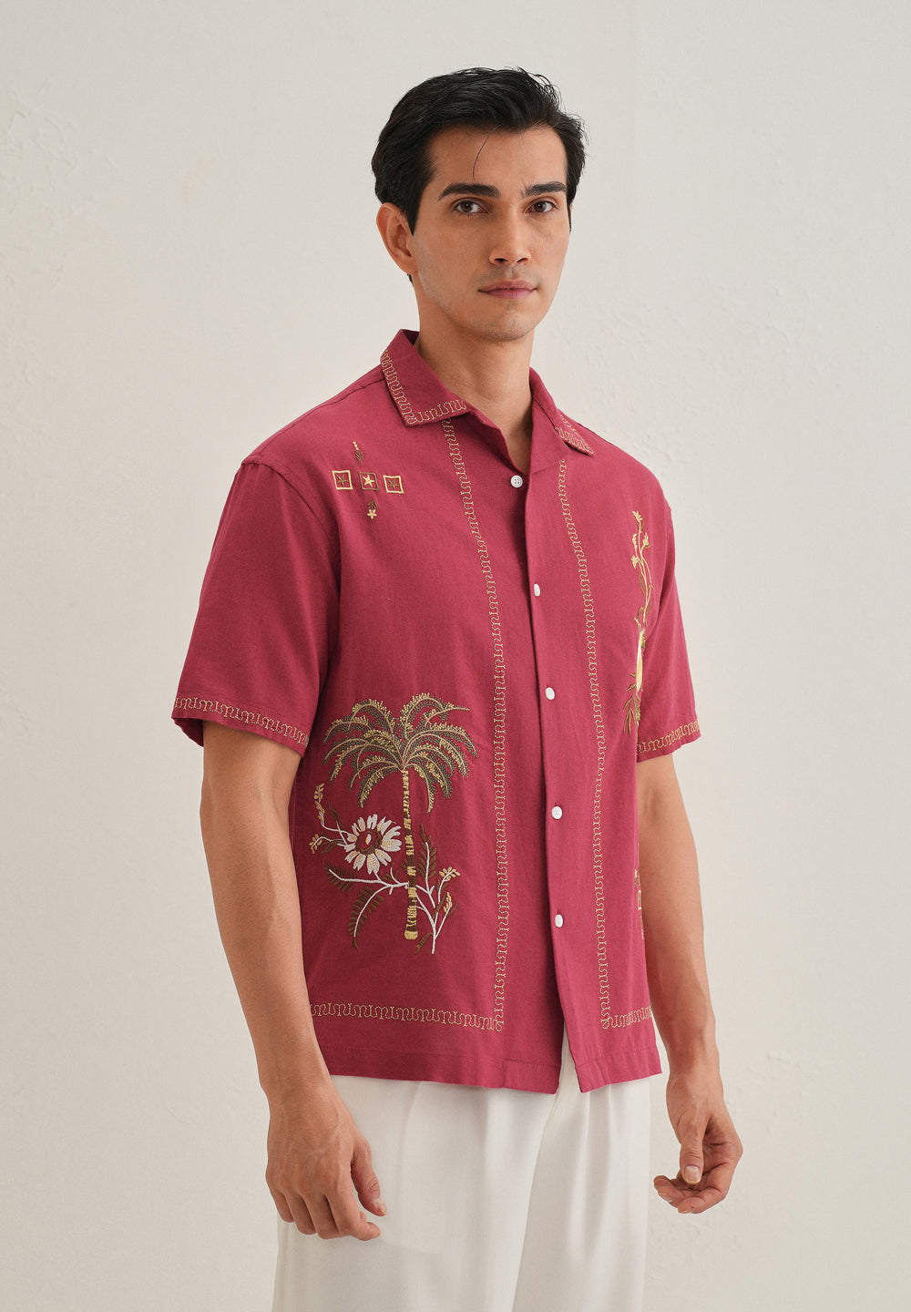 Crimson Red Tropical Embroidered Shirt