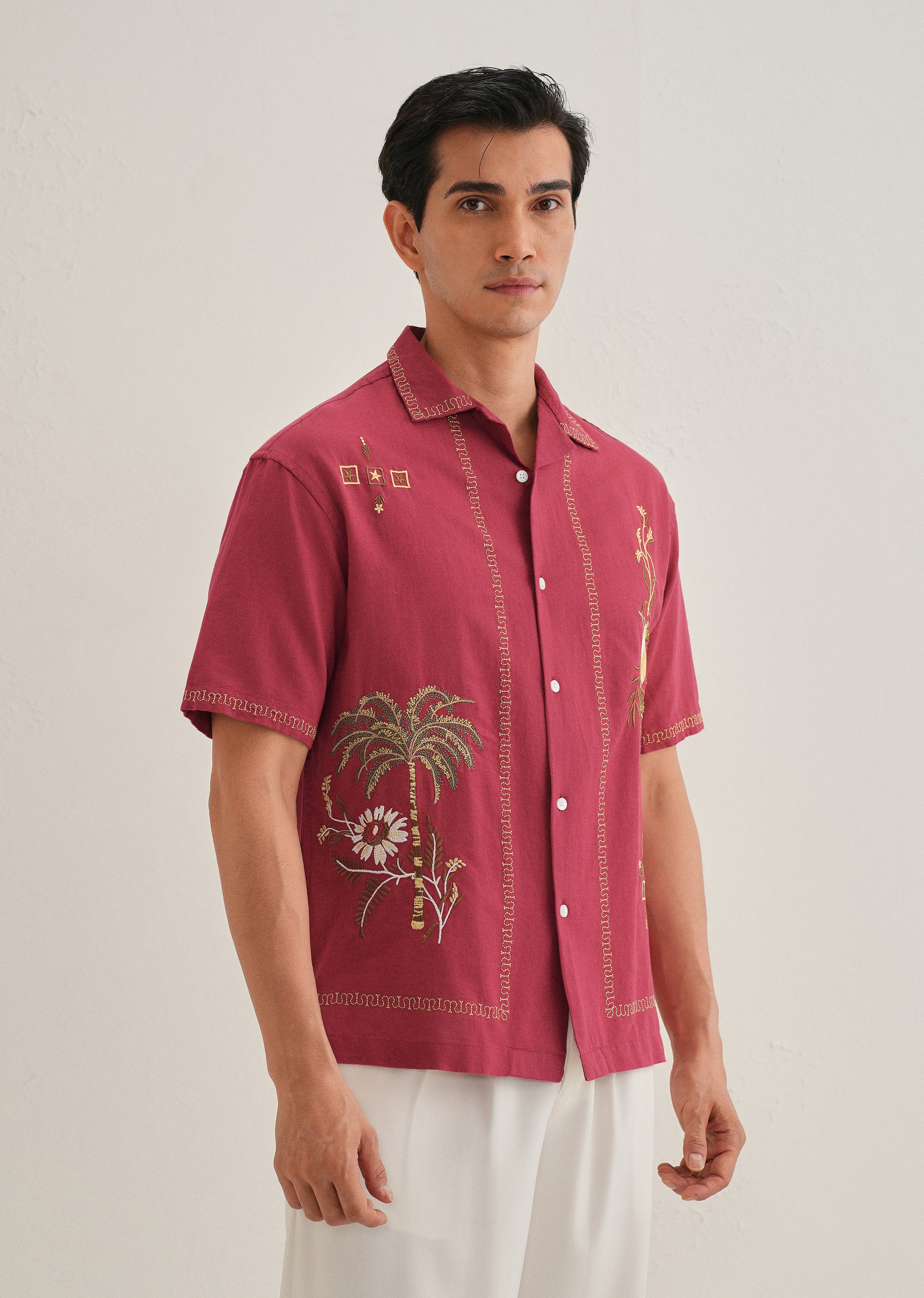 Crimson Red Tropical Embroidered Shirt