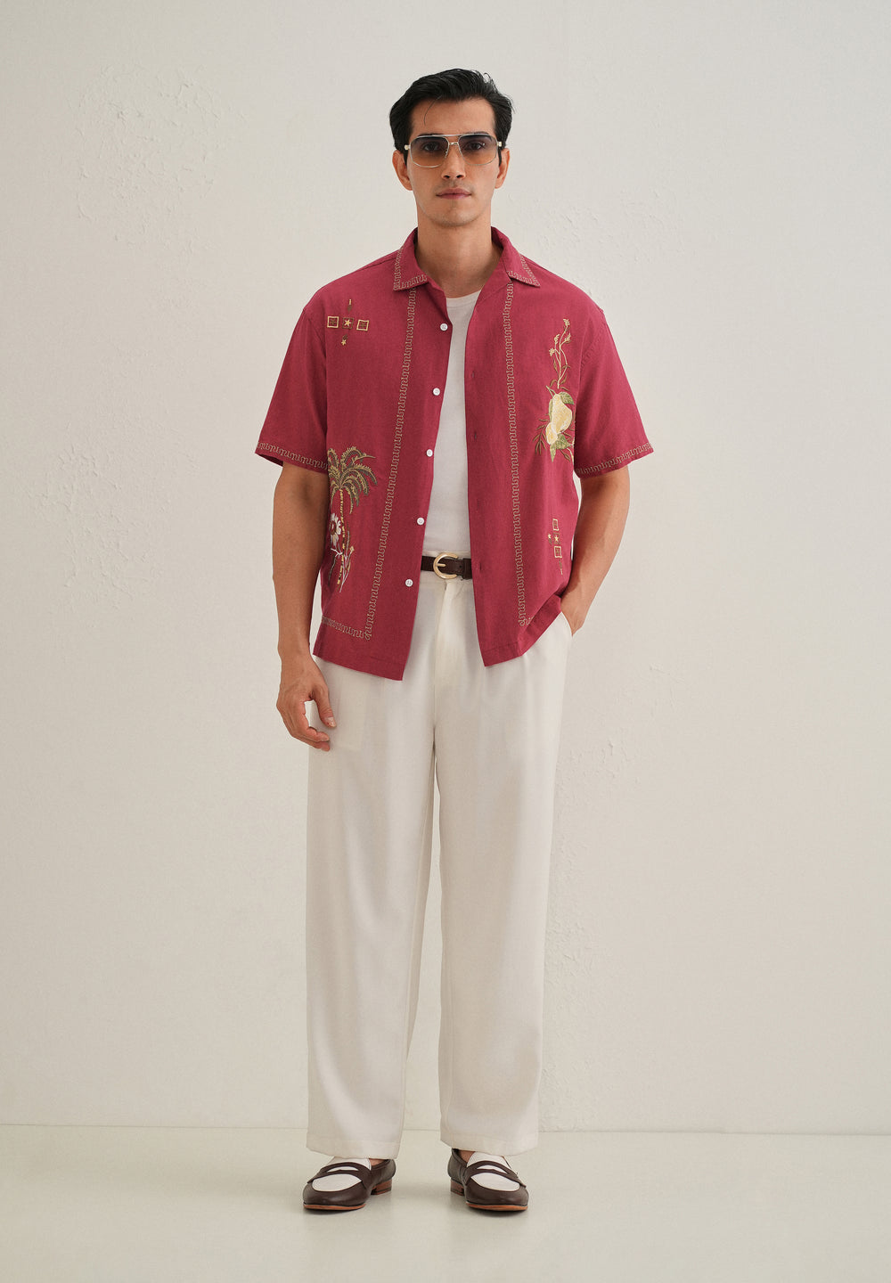 Crimson Red Tropical Embroidered Shirt