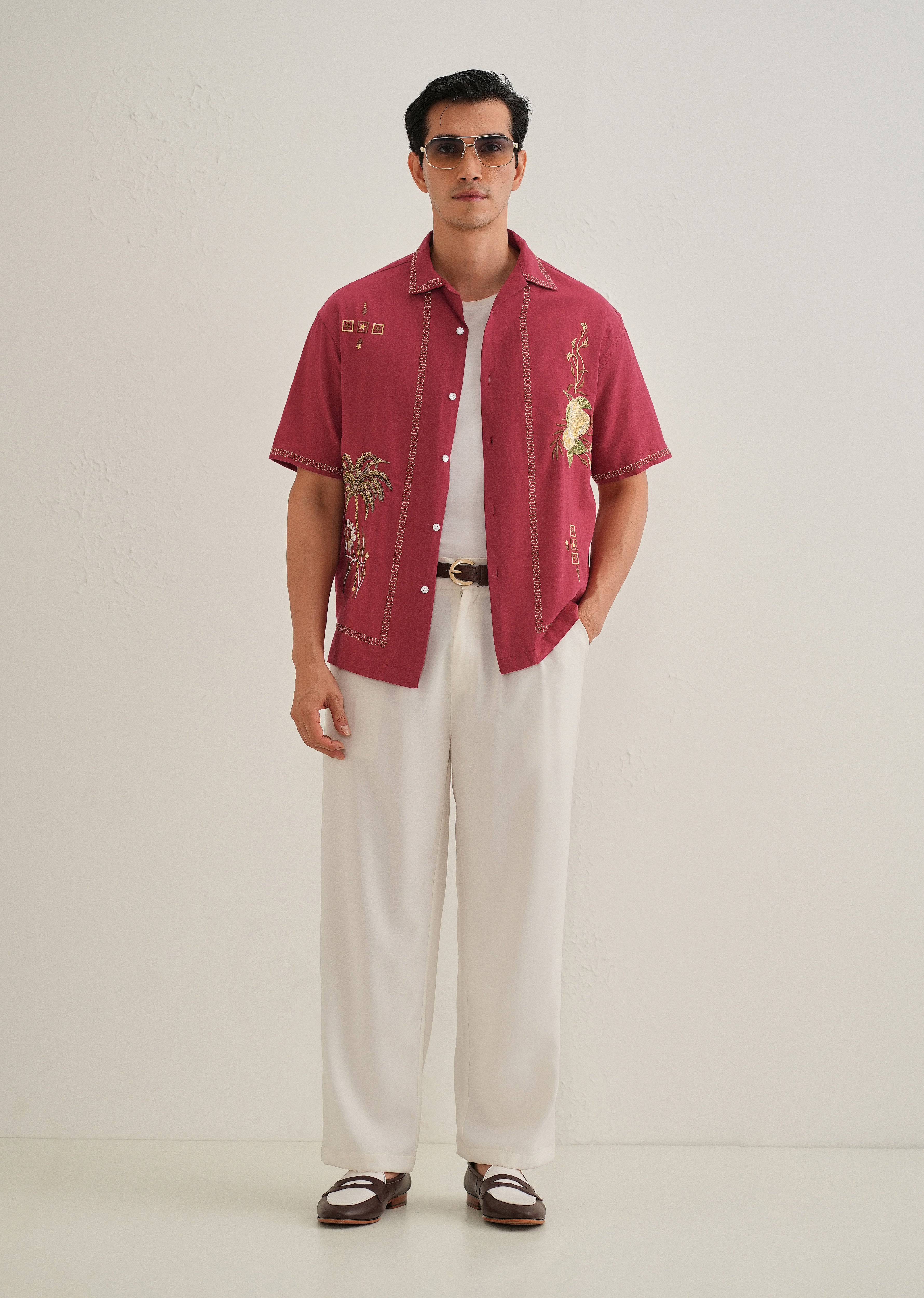 Crimson Red Tropical Embroidered Shirt