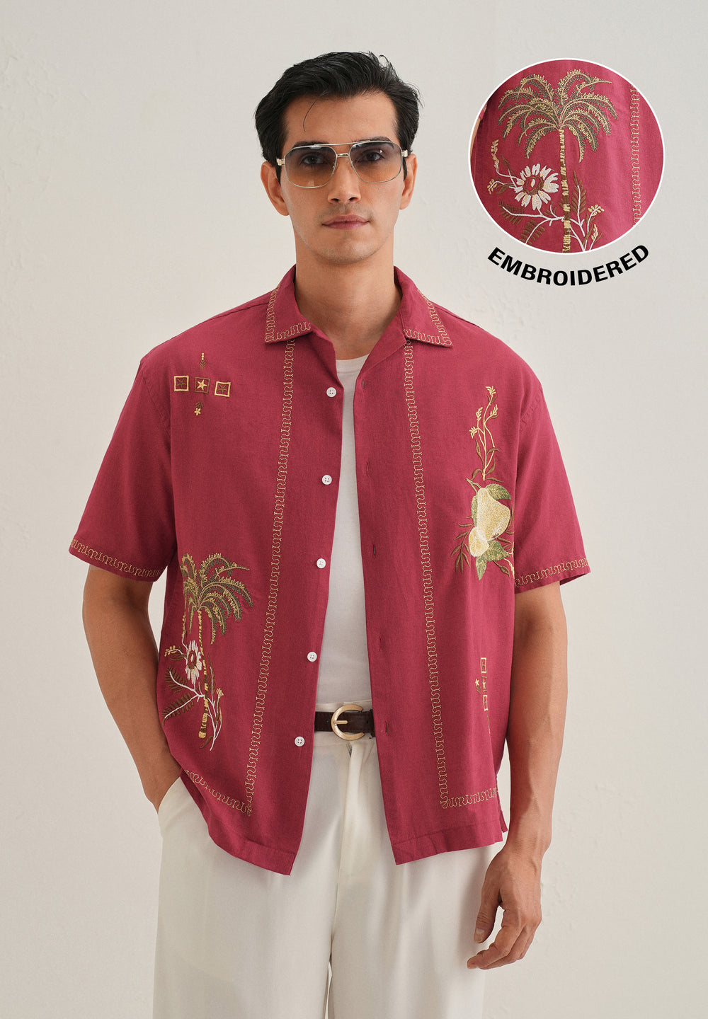 Crimson Red Tropical Embroidered Shirt