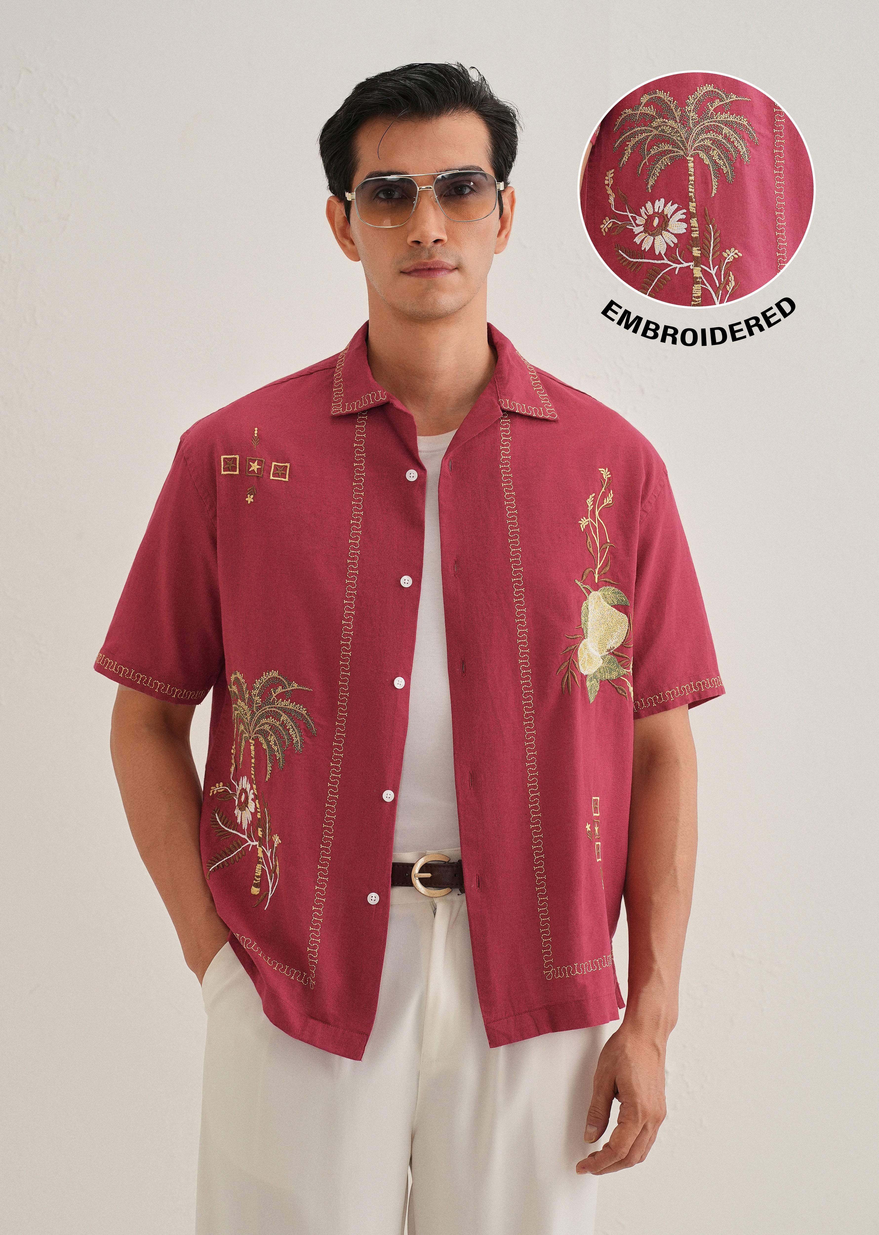 Crimson Red Tropical Embroidered Shirt