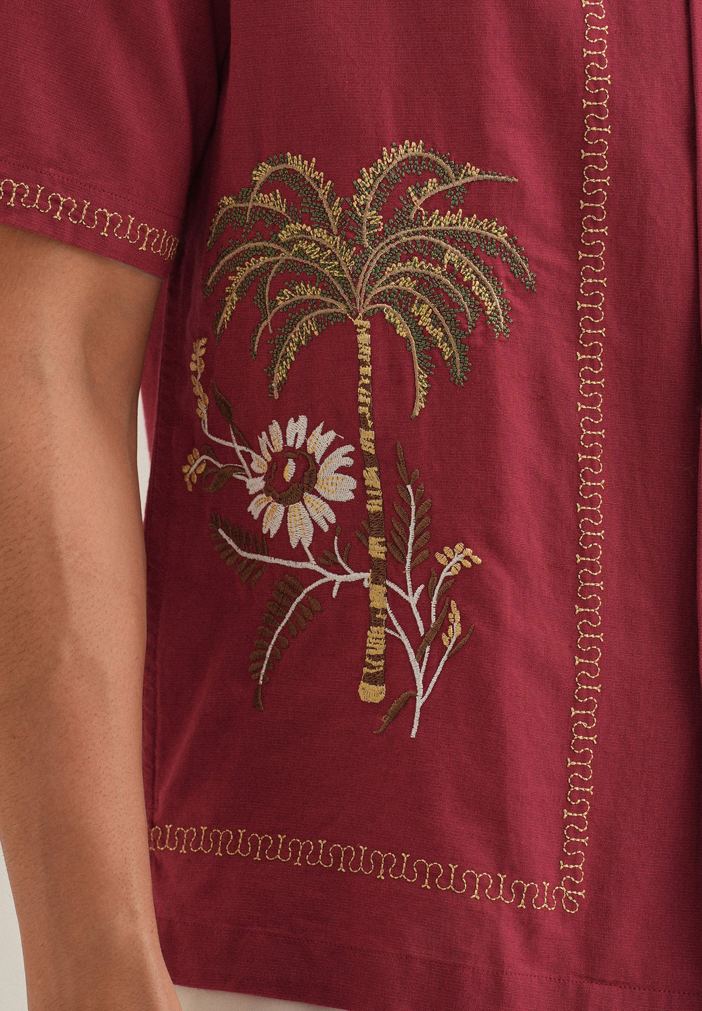 Crimson Red Tropical Embroidered Shirt