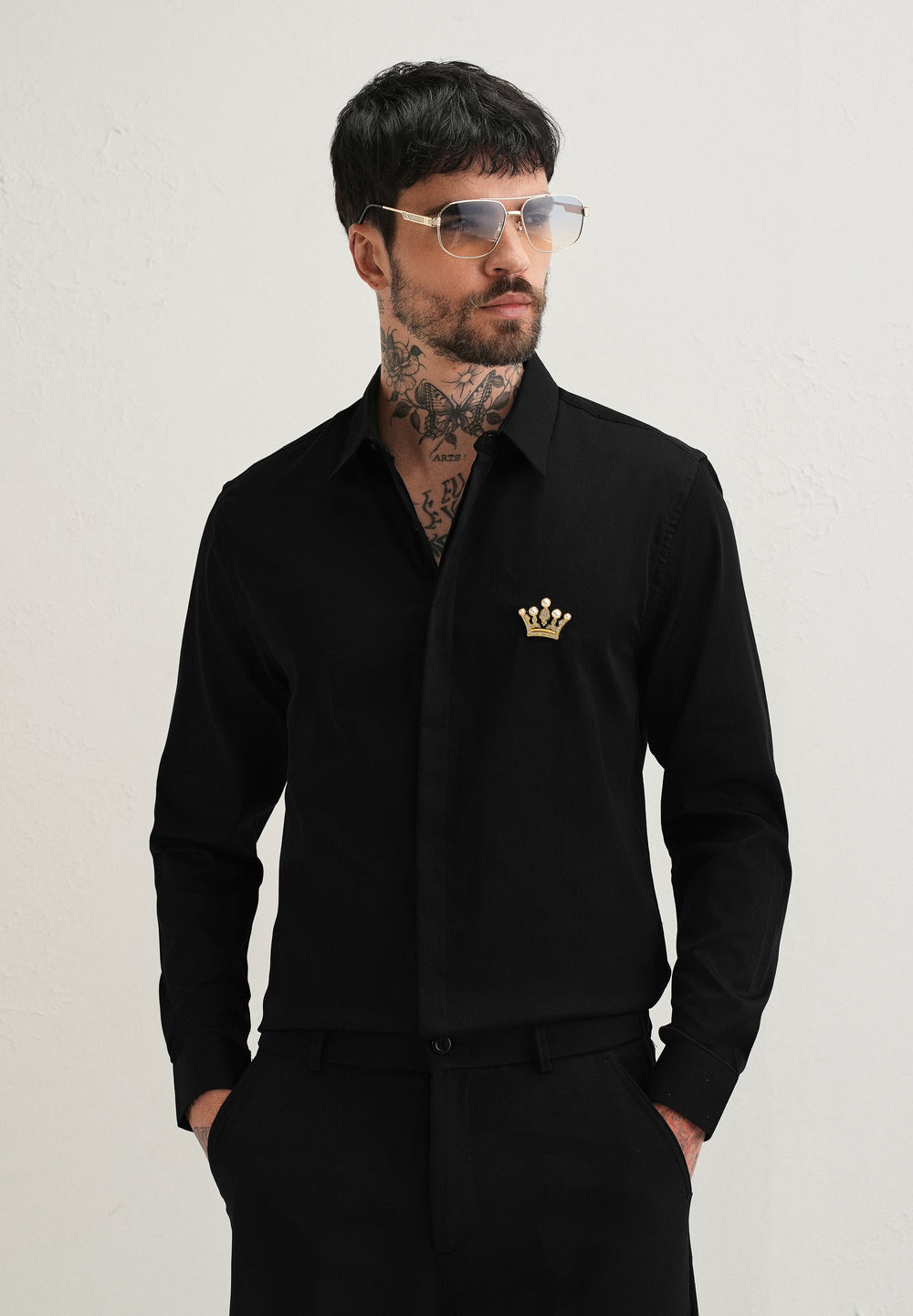Crown Embellished Black Designer Shirt