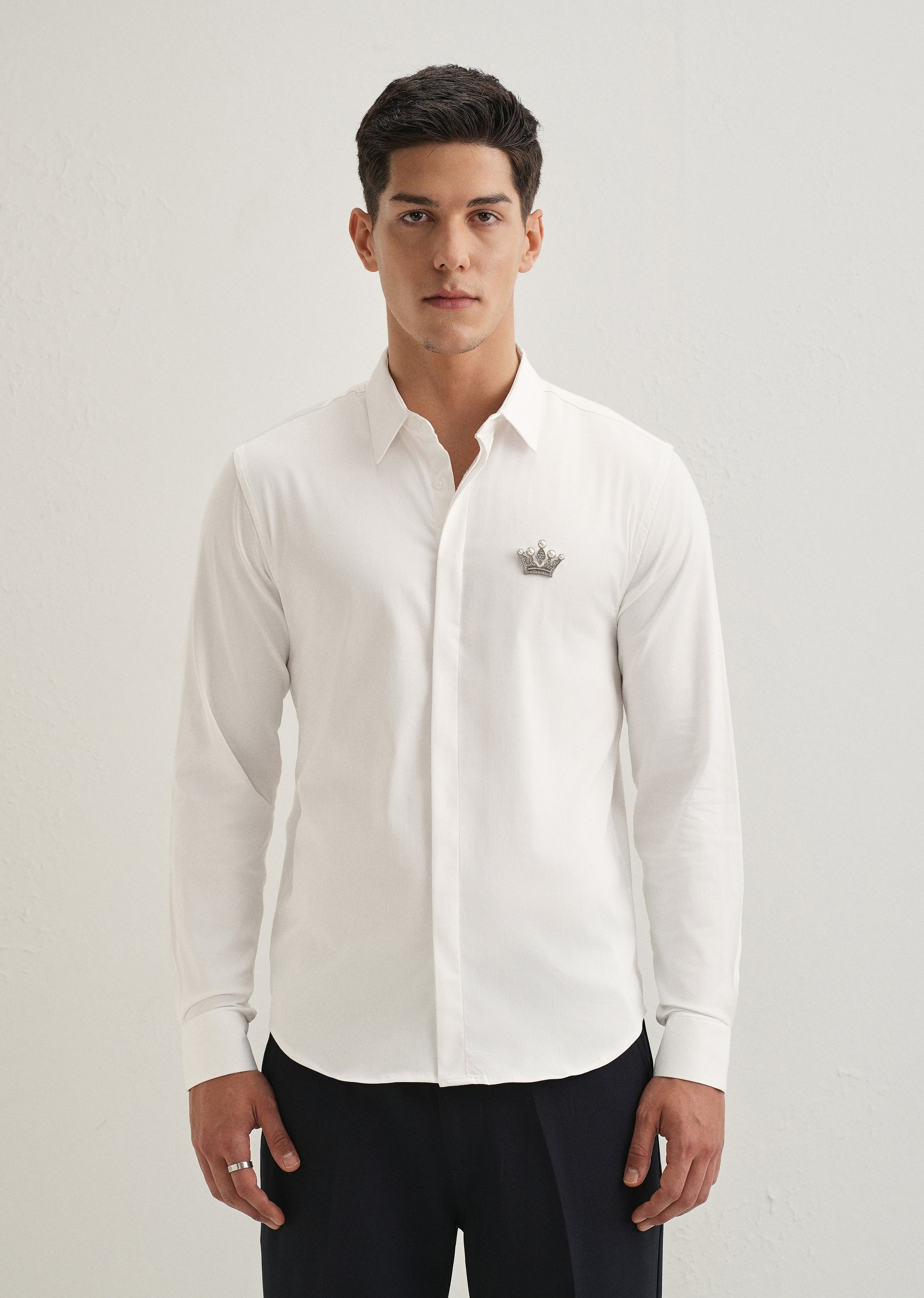 Crown Embellished White Designer Shirt