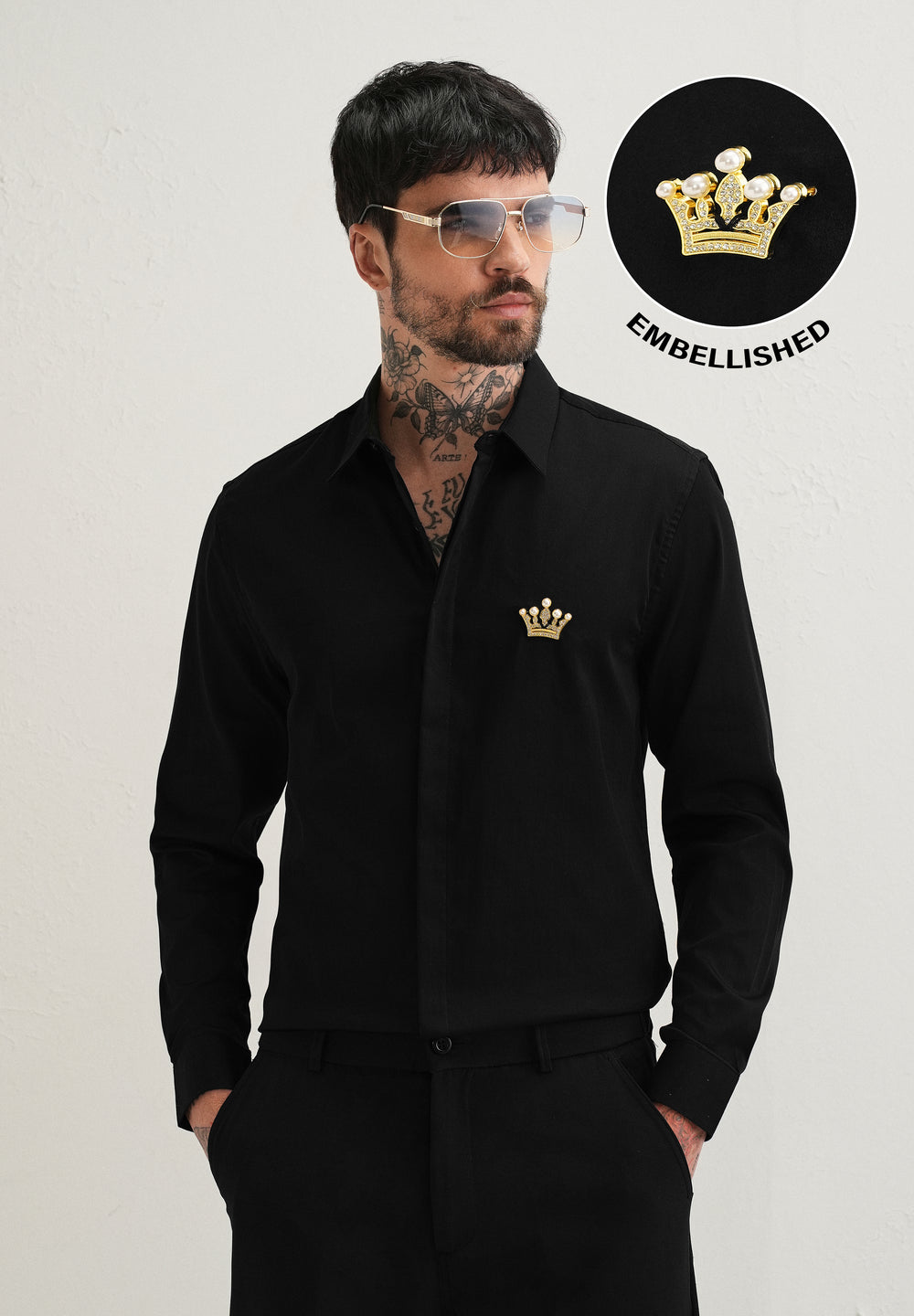 Crown Embellished Black Designer Shirt