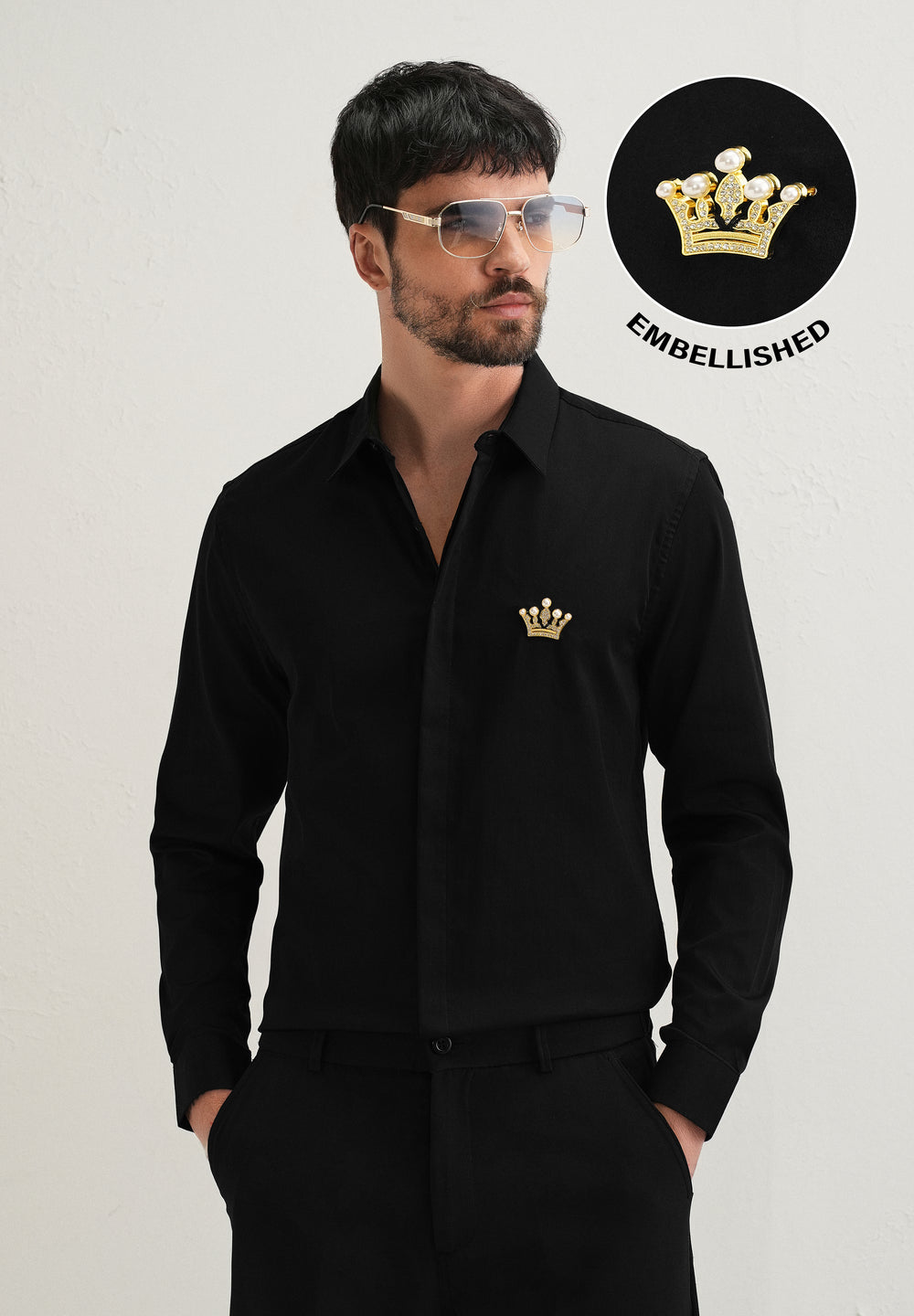 Crown Embellished Black Designer Shirt