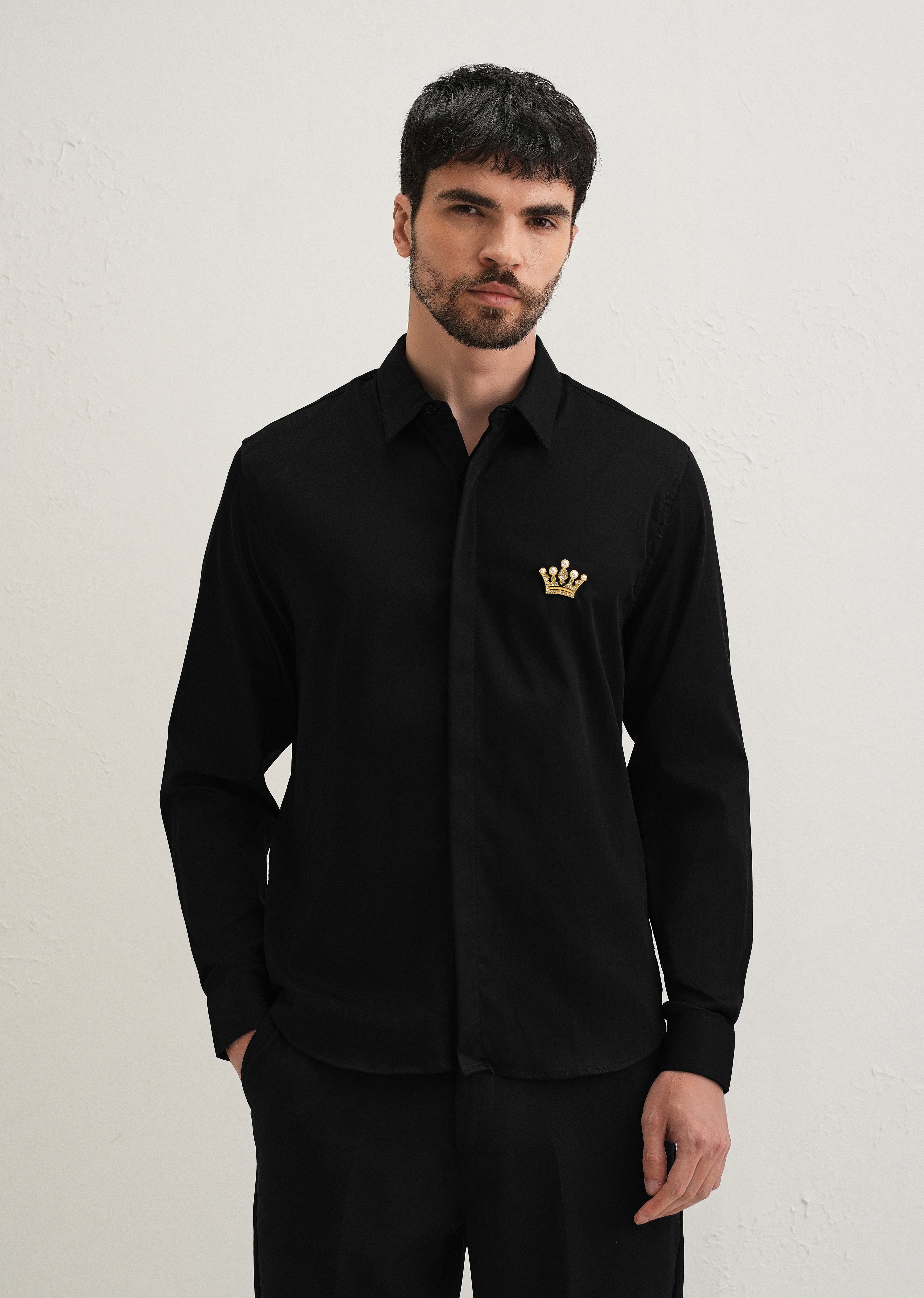 Crown Embellished Black Designer Shirt