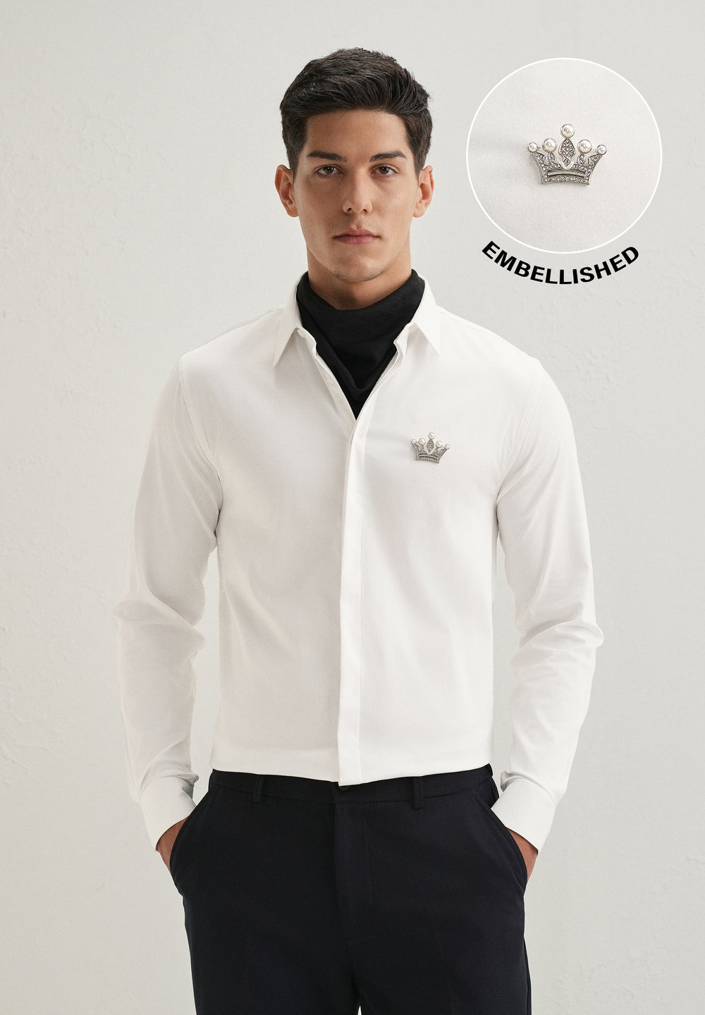 Crown Embellished White Designer Shirt