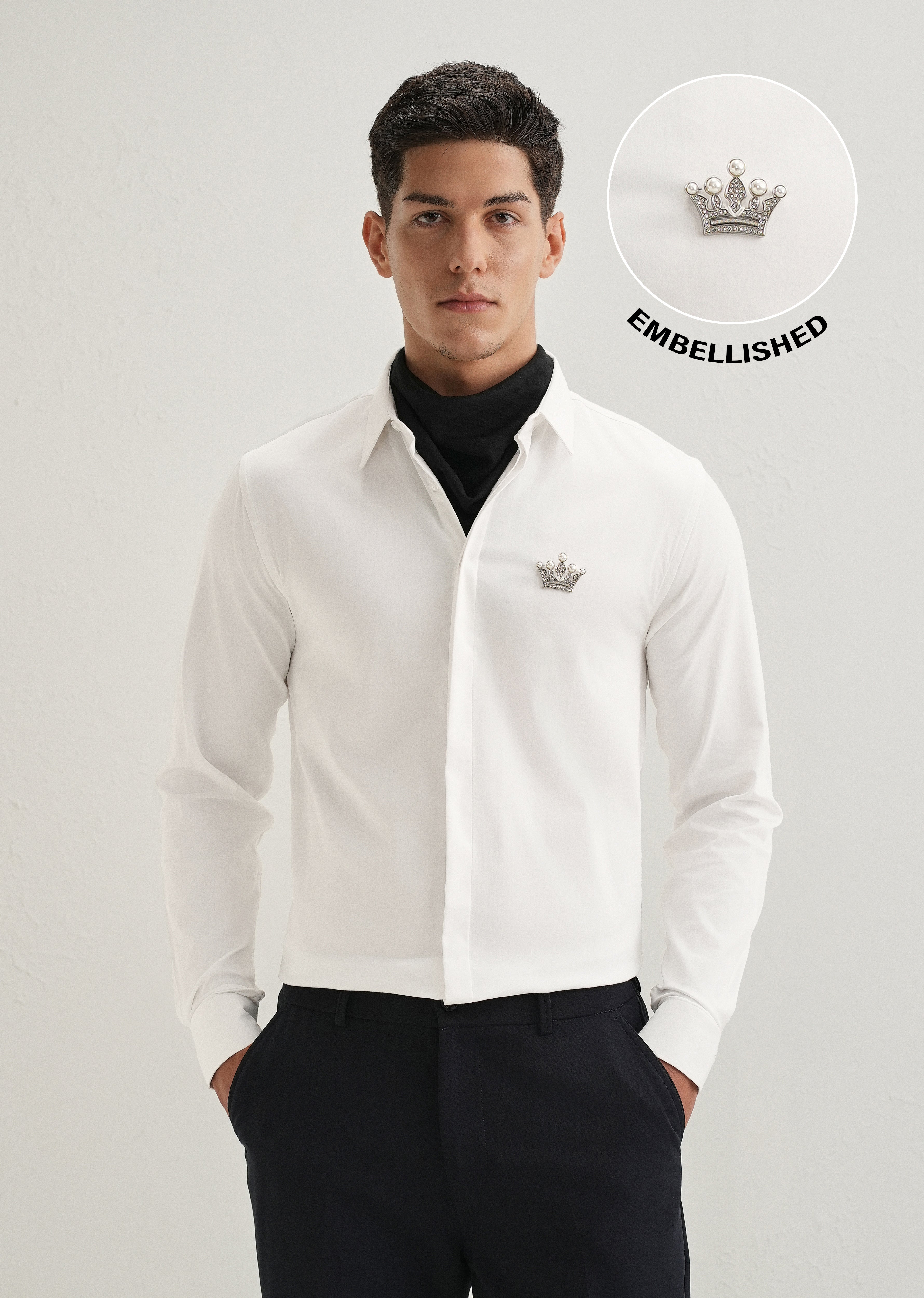 Crown Embellished White Designer Shirt