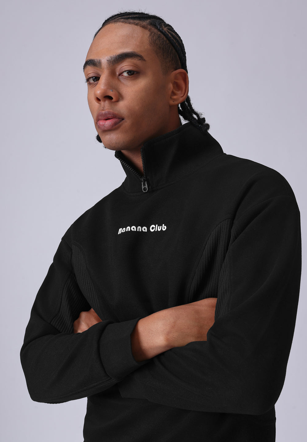 Cut and Sew Black Zipper Sweatshirt