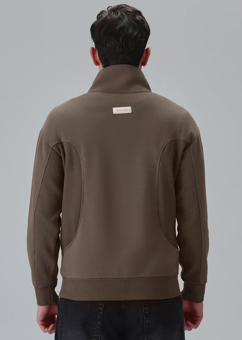 Cut and Sew Brown Zipper Sweatshirt