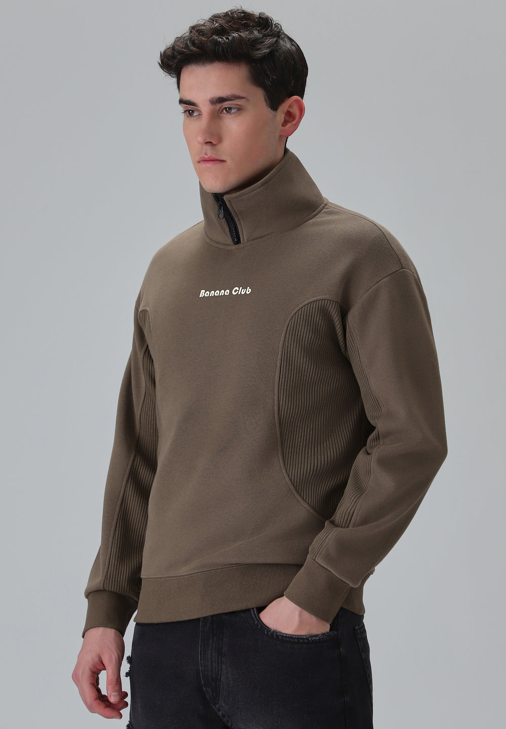 Cut and Sew Brown Zipper Sweatshirt
