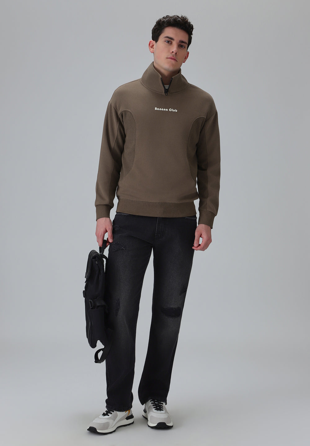 Cut and Sew Brown Zipper Sweatshirt