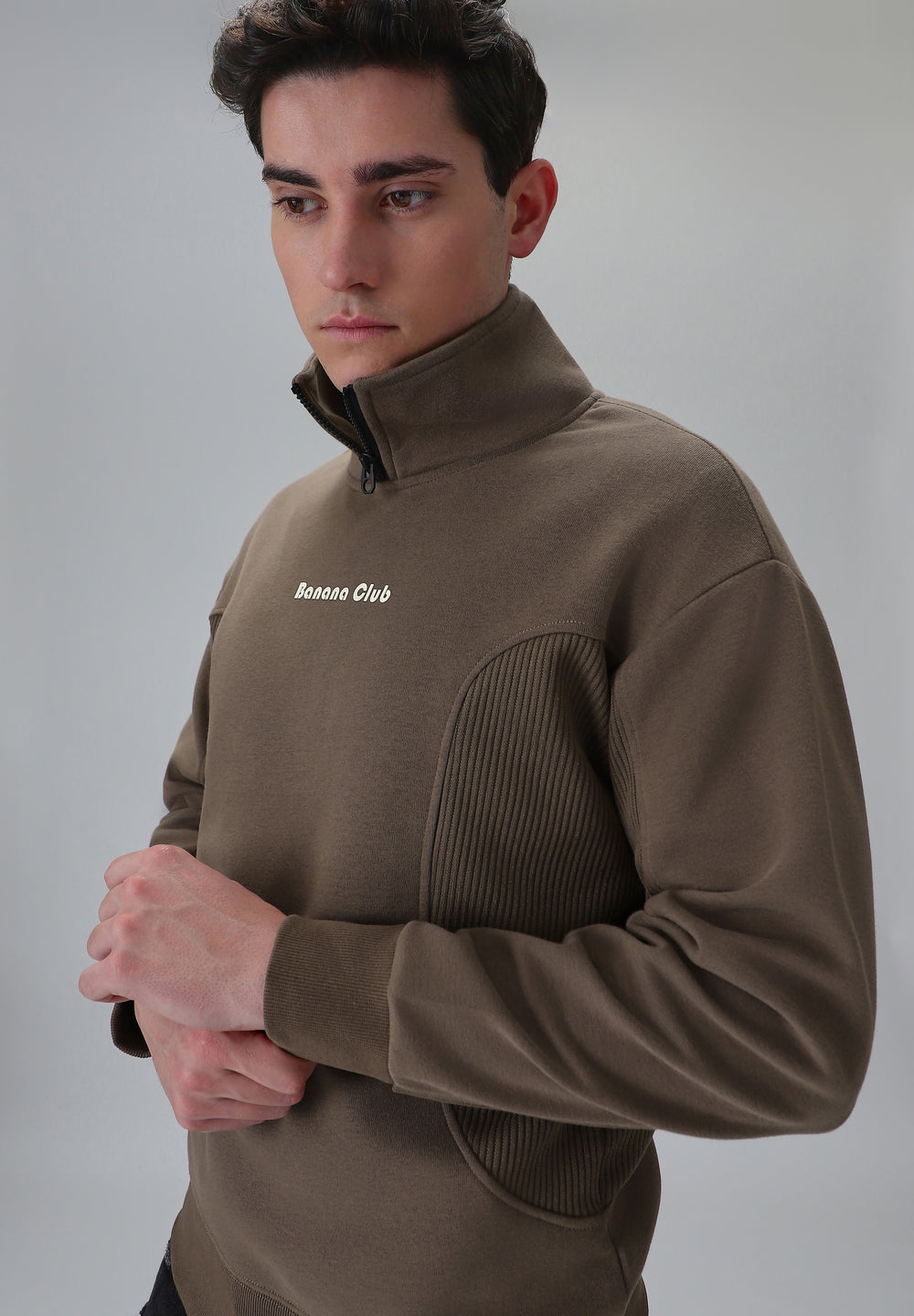 Cut and Sew Brown Zipper Sweatshirt
