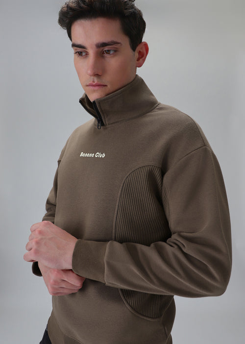 Cut and Sew Brown Zipper Sweatshirt