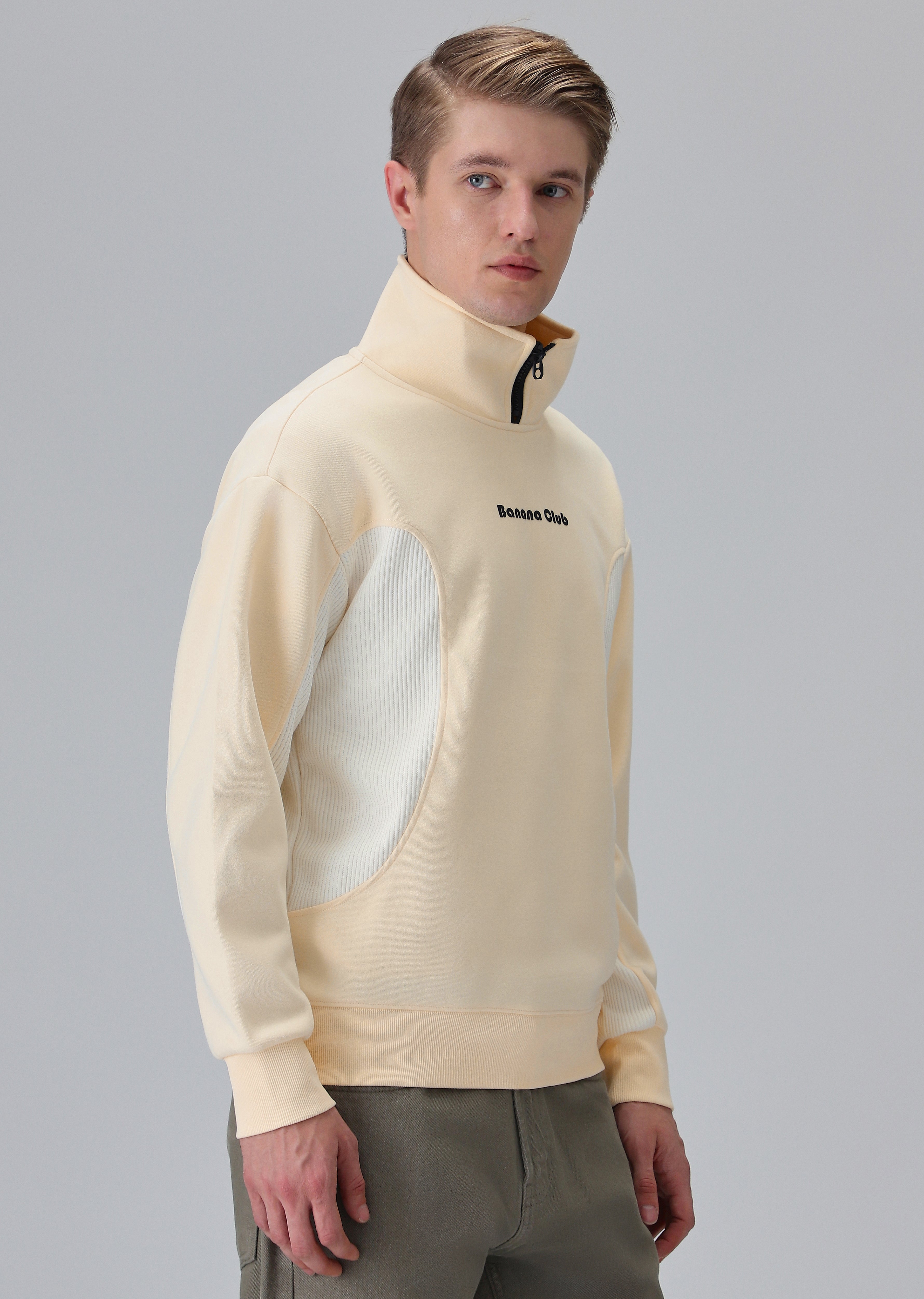 Cut and Sew Cream Zipper Sweatshirt