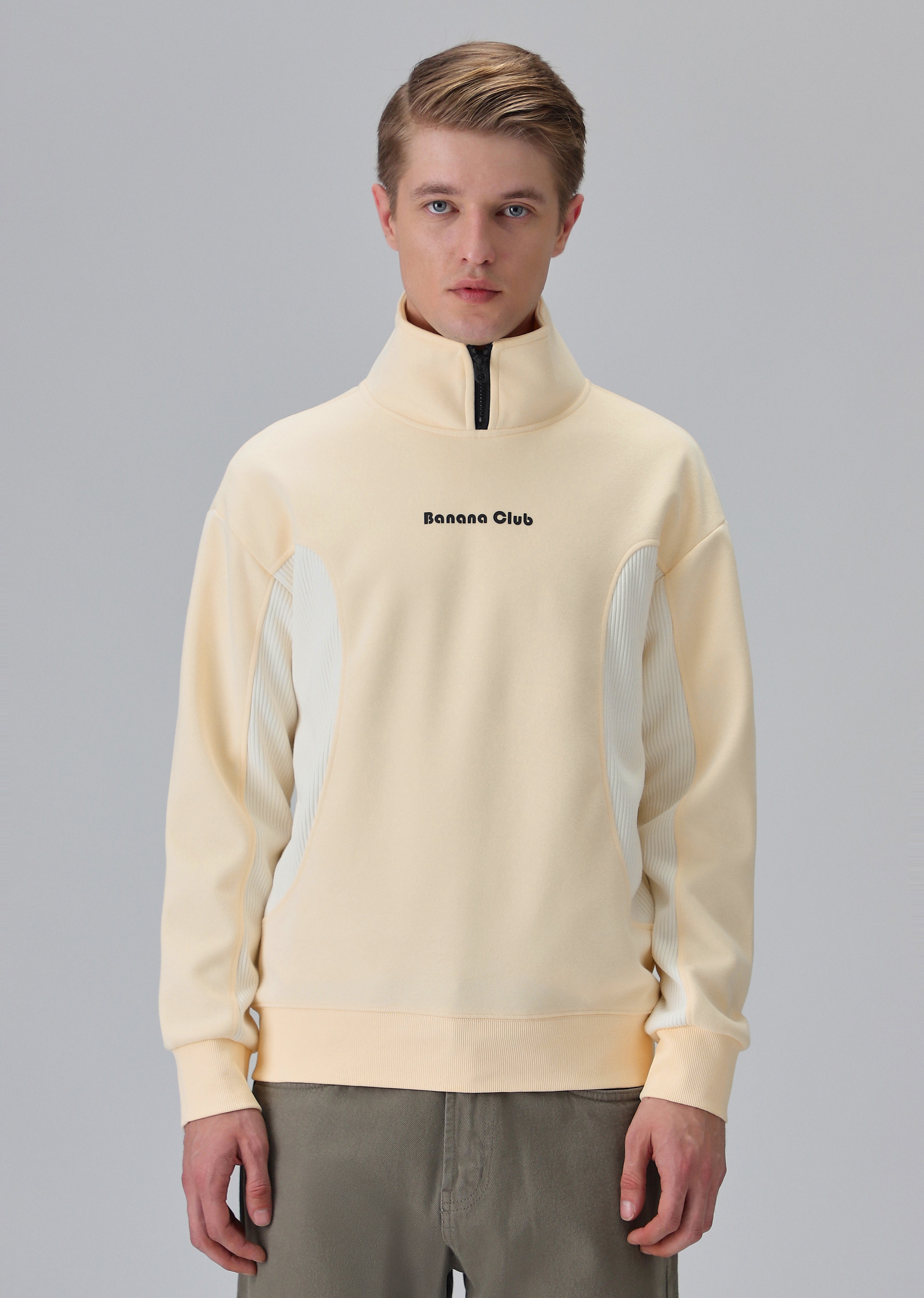 Cut and Sew Cream Zipper Sweatshirt