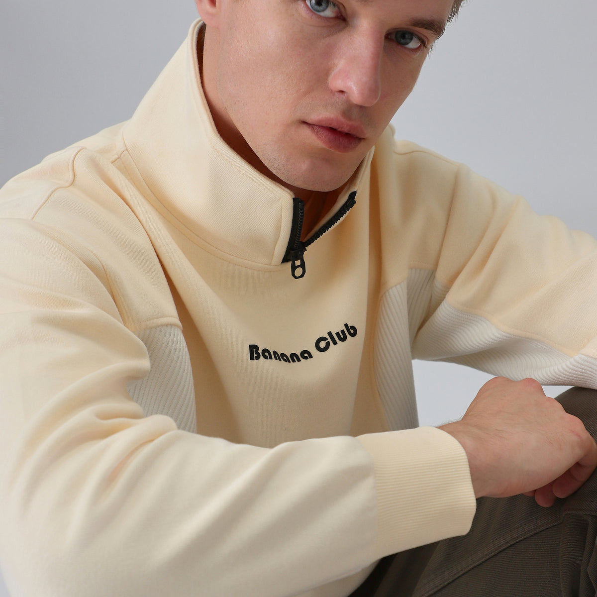 Cut and Sew Cream Zipper Sweatshirt