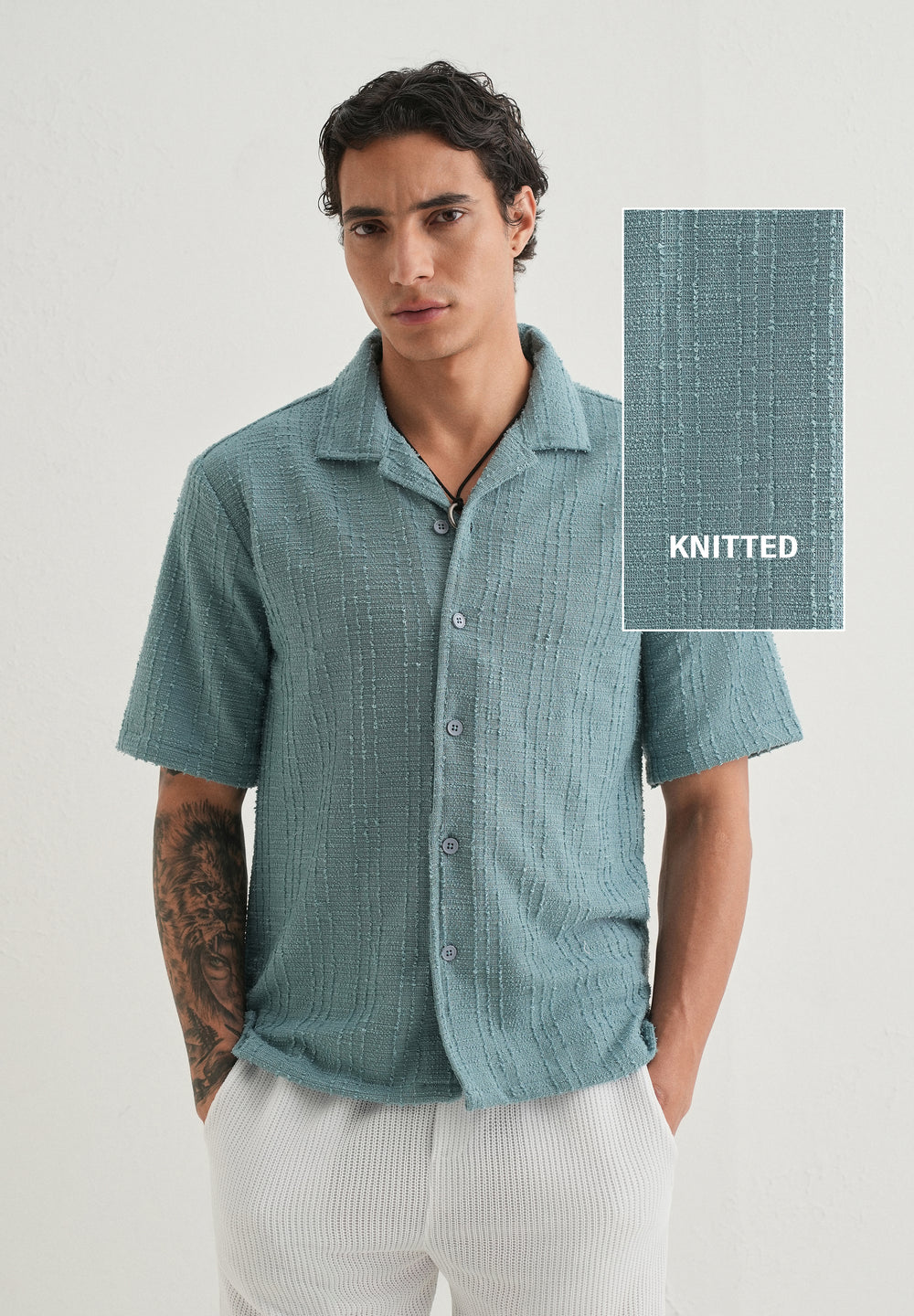 Cyan Plain Cuban Collar Knitted Shirt