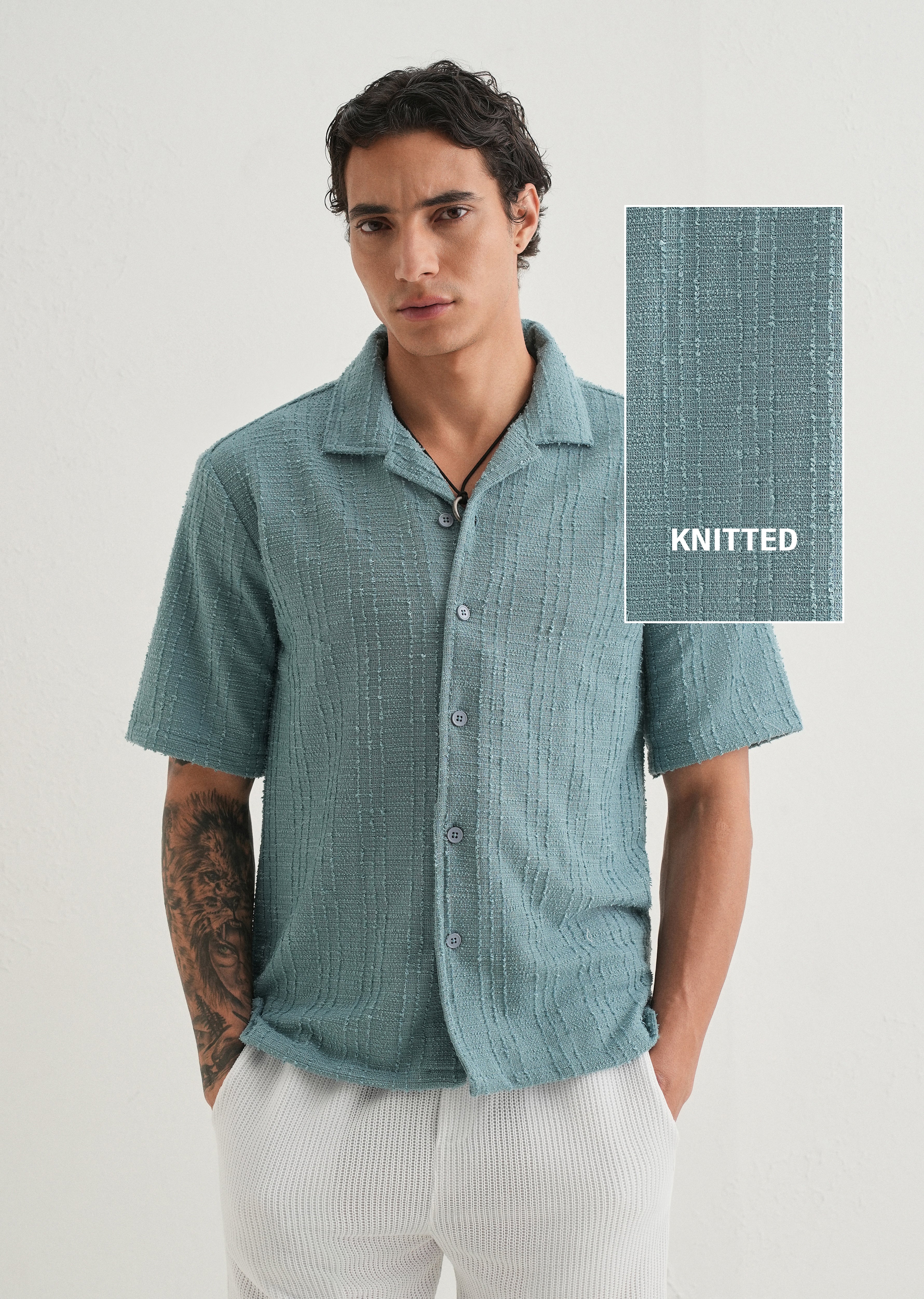 Cyan Plain Cuban Collar Knitted Shirt