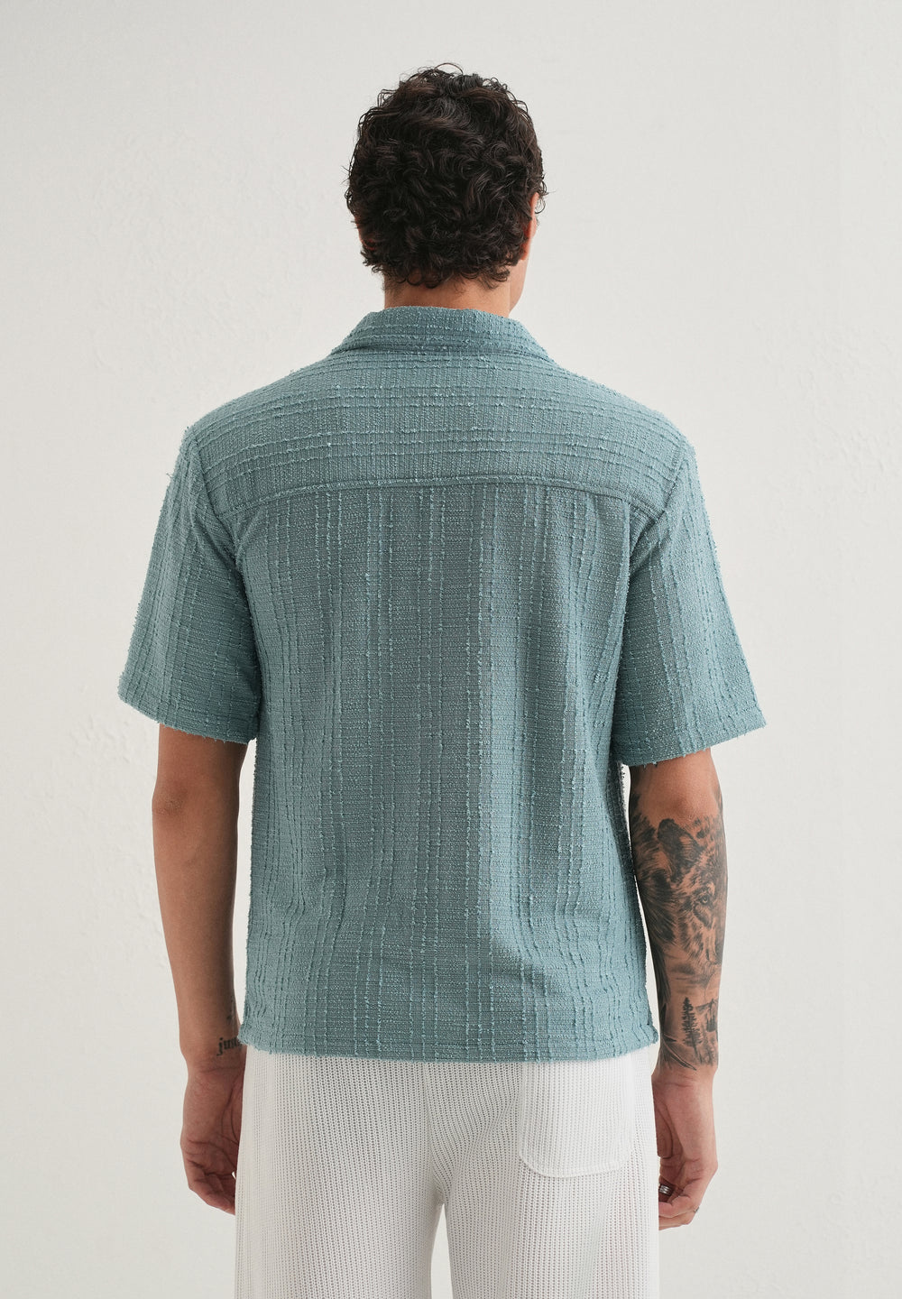 Cyan Plain Cuban Collar Knitted Shirt