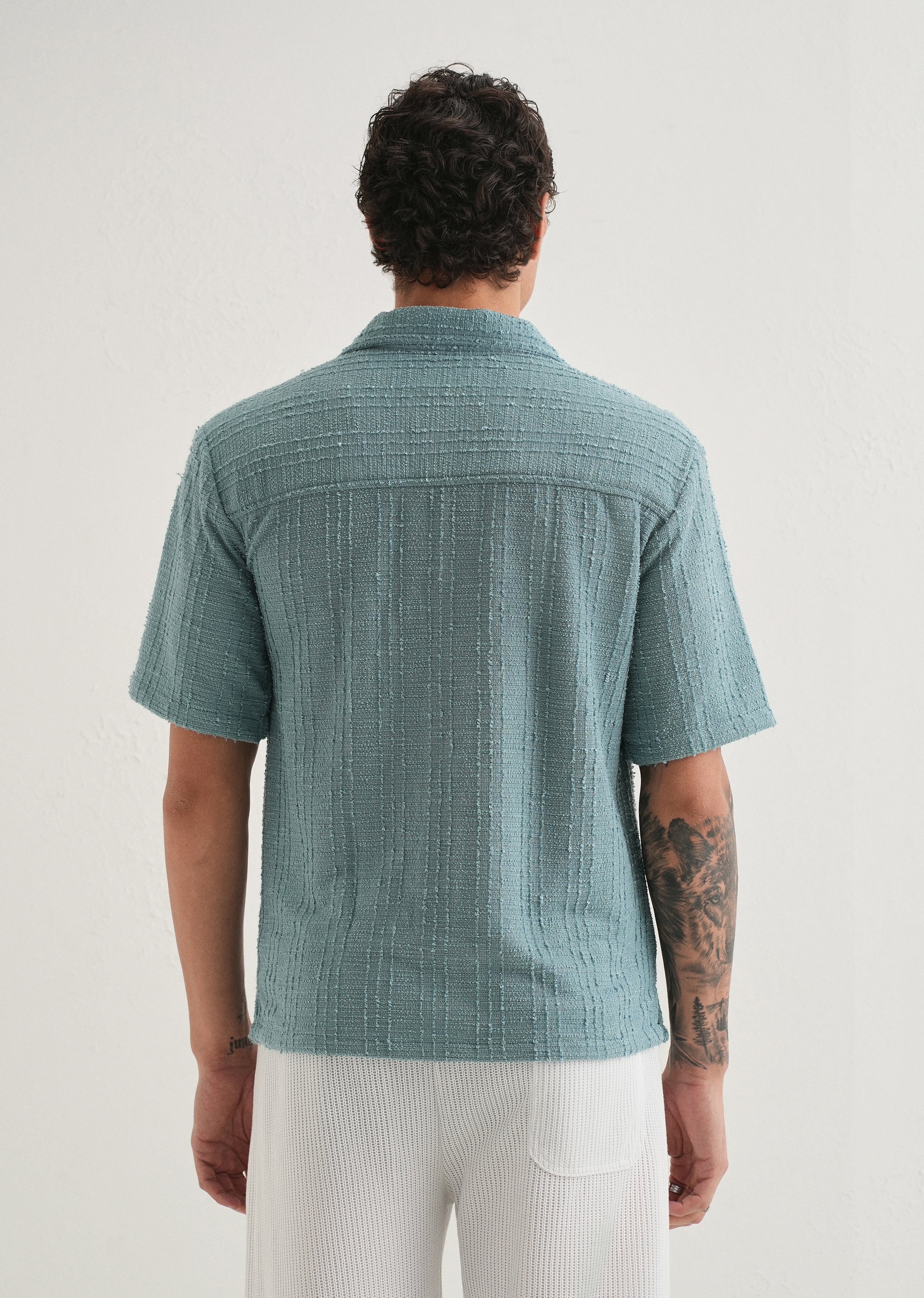 Cyan Plain Cuban Collar Knitted Shirt