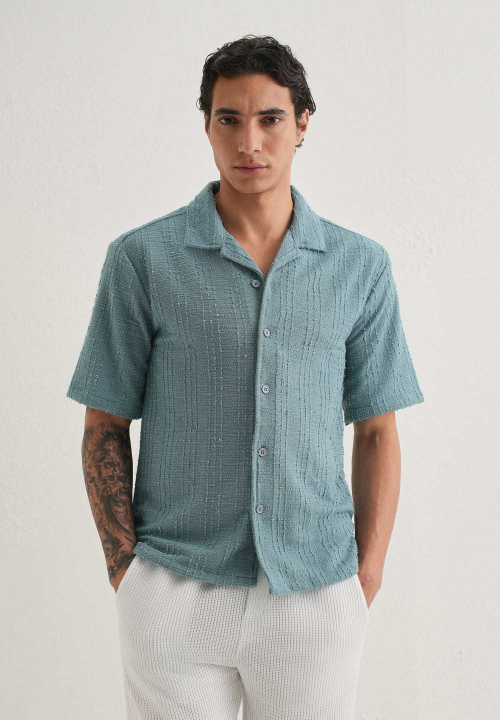 Cyan Plain Cuban Collar Knitted Shirt