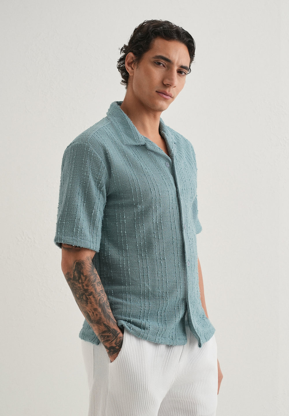 Cyan Plain Cuban Collar Knitted Shirt