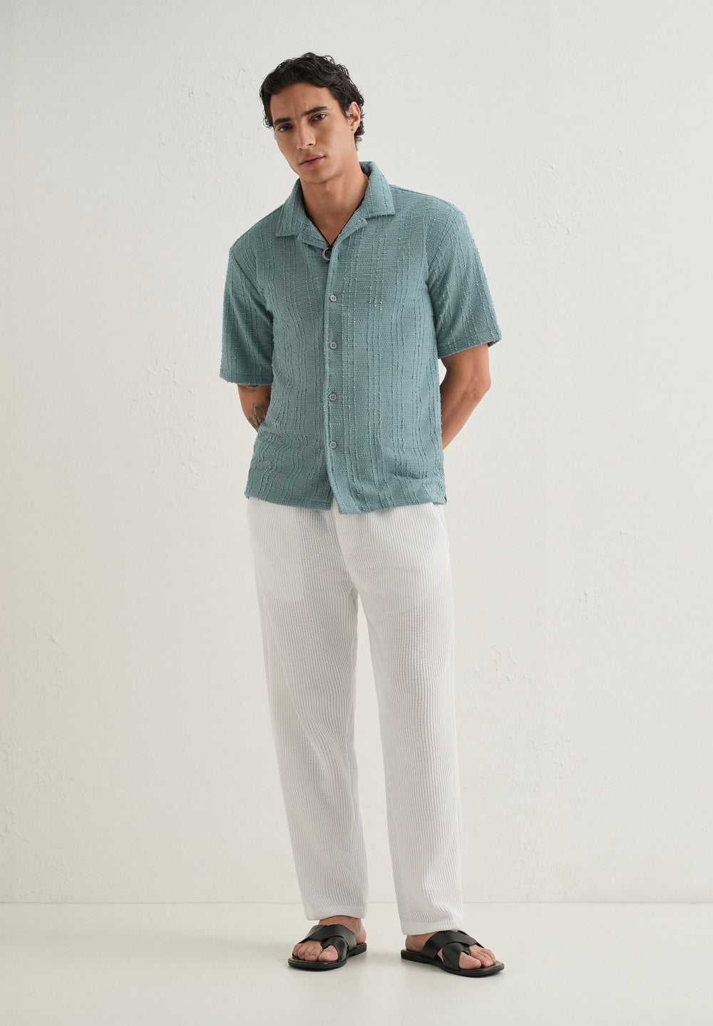 Cyan Plain Cuban Collar Knitted Shirt