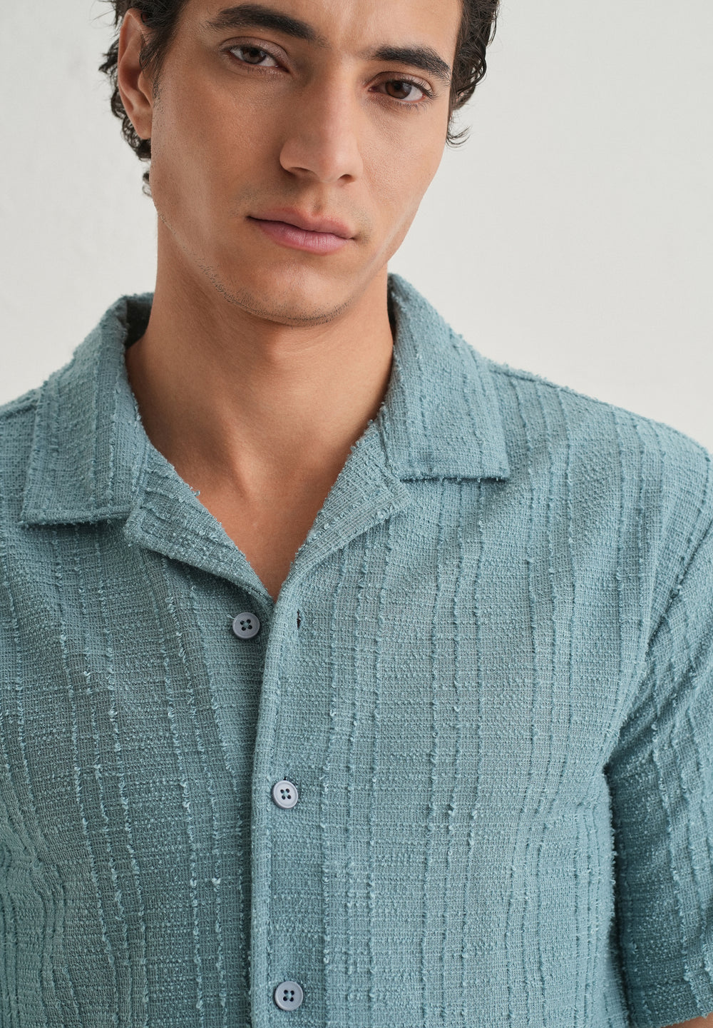 Cyan Plain Cuban Collar Knitted Shirt
