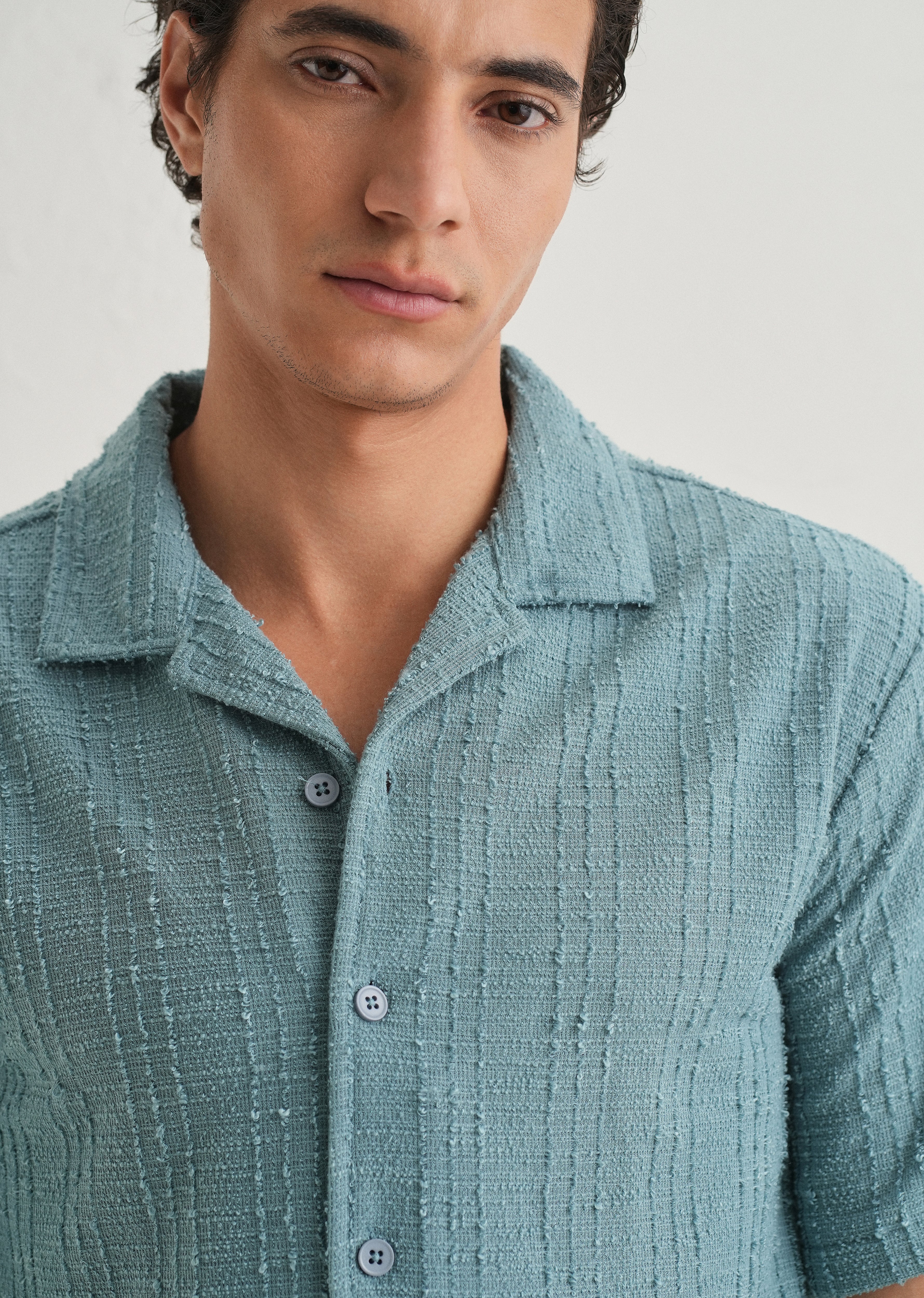 Cyan Plain Cuban Collar Knitted Shirt
