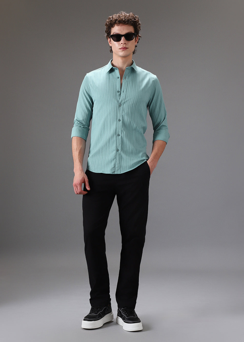 Cyan Self Striped Shirt