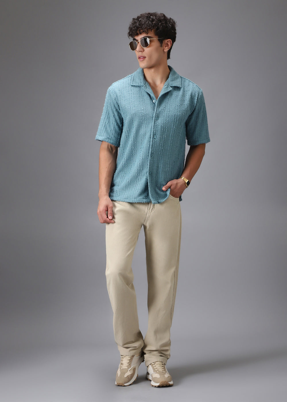 Cyan Cuban Collar Knitted Shirt