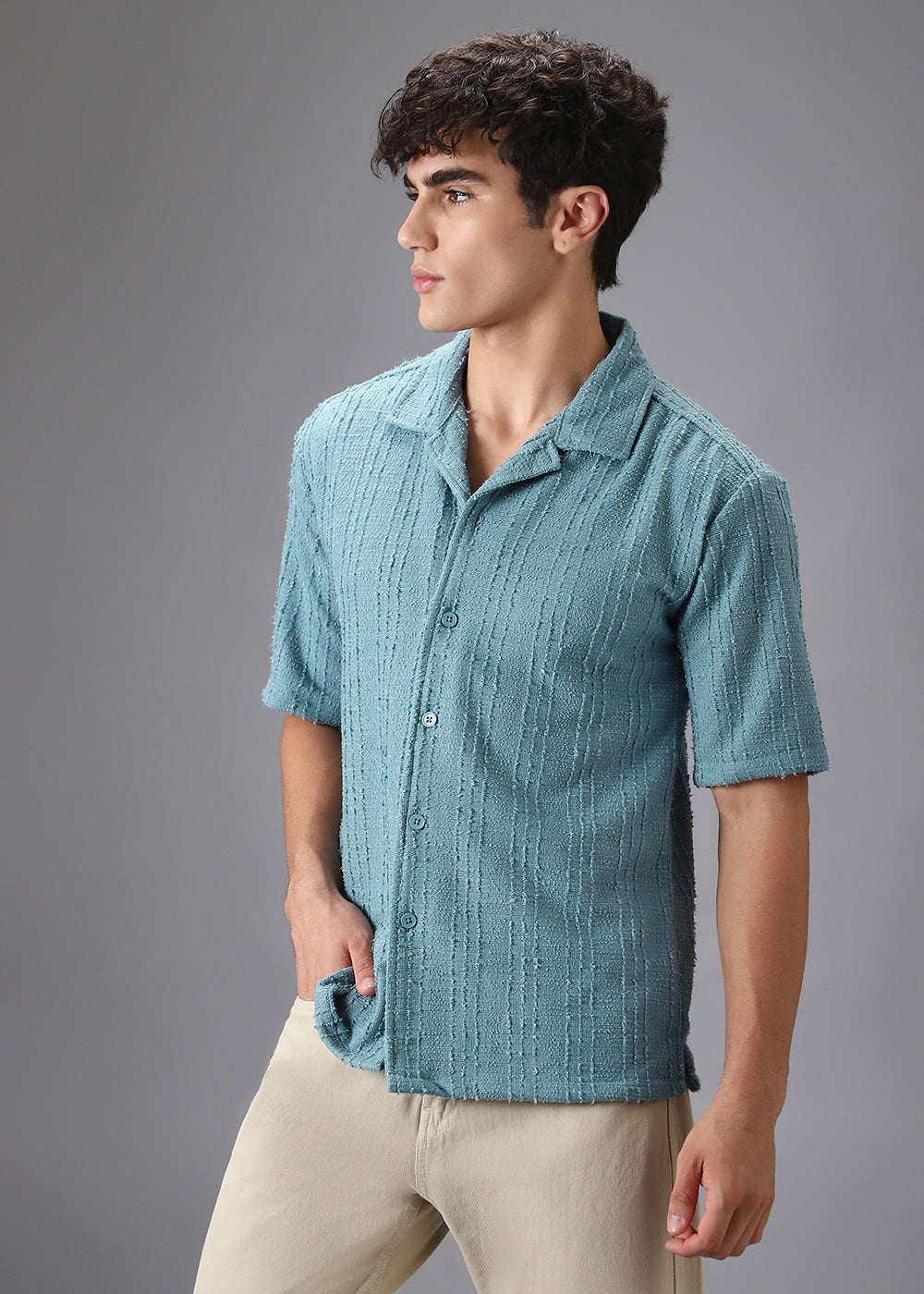 Cyan Cuban Collar Knitted Shirt