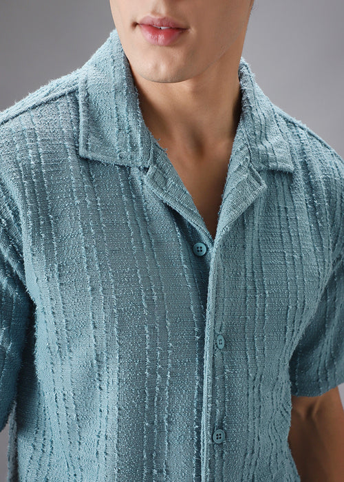 Cyan Cuban Collar Knitted Shirt