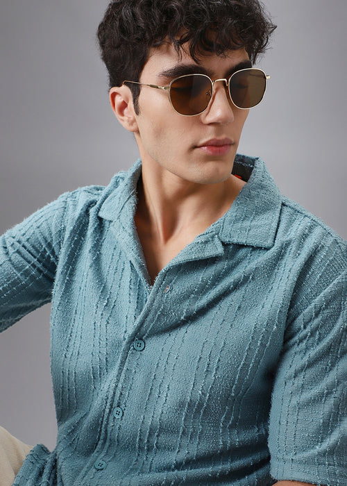 Cyan Cuban Collar Knitted Shirt