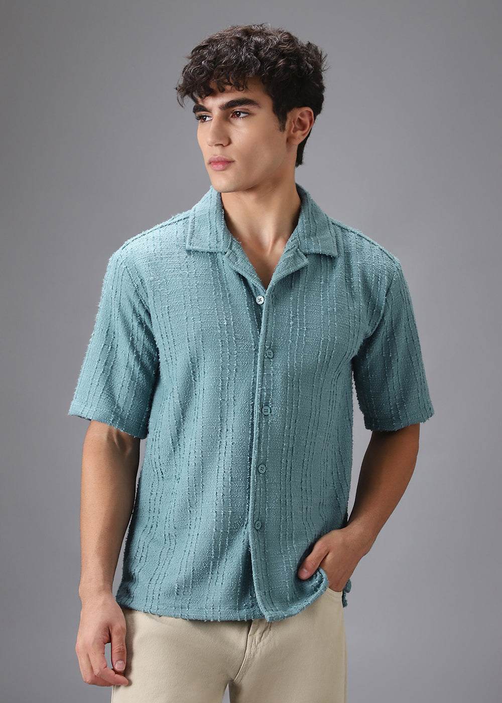 Cyan Cuban Collar Knitted Shirt