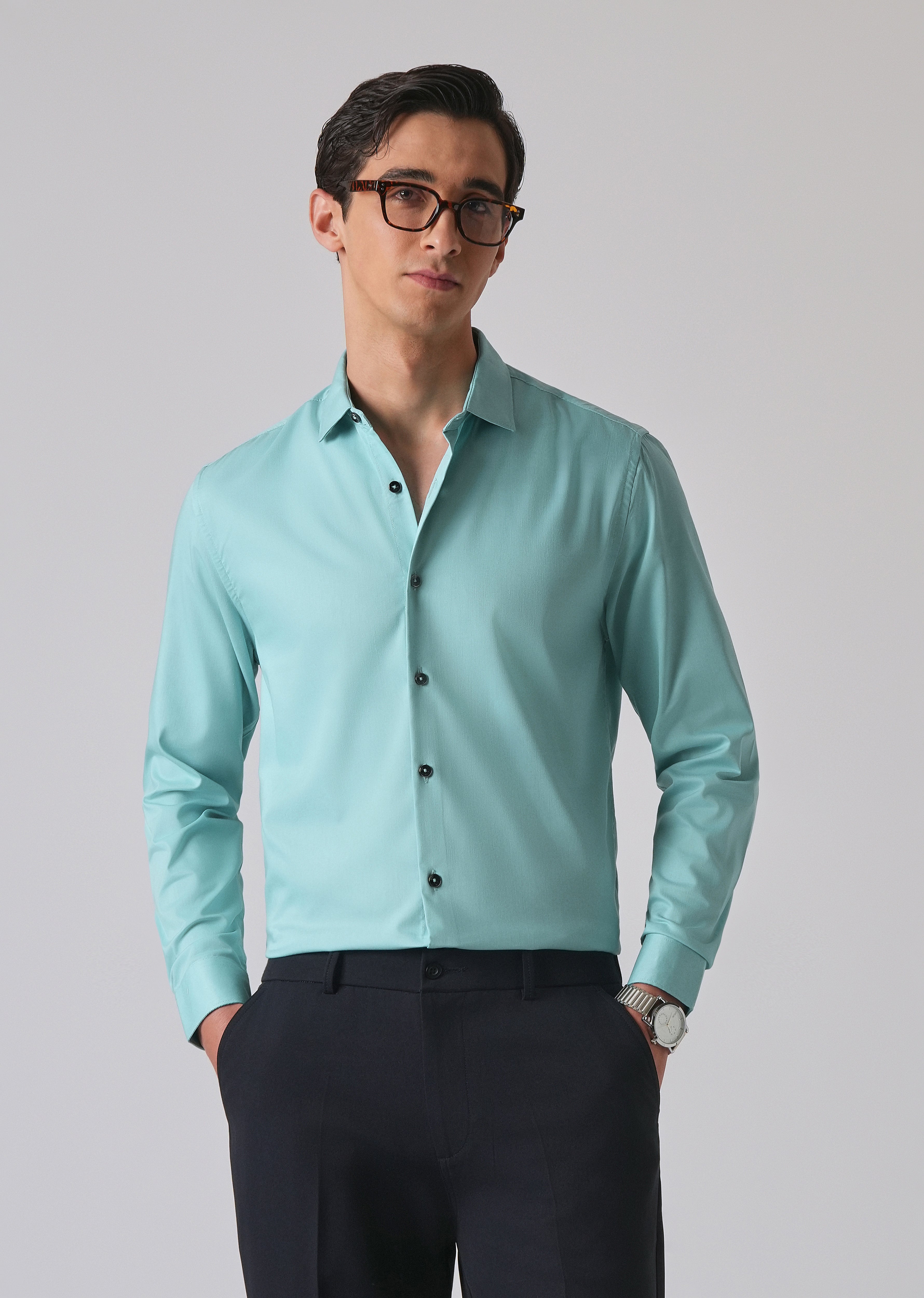 Cyan Green Cotton Stretch Plain Shirt